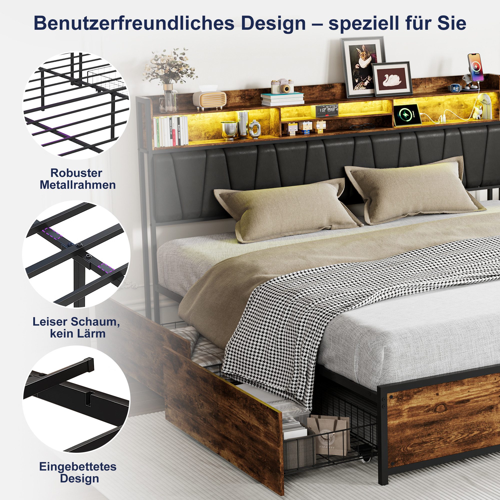 Yelenaro Polsterbett Stauraumbett Doppelbett mit LED-Beleuchtung (Bettgestell mit Kopfteil,Ladefunktion und 4 Schubladen), Metallbett mit USB&Type-C,Jugendbett  – Bild 4 von 5