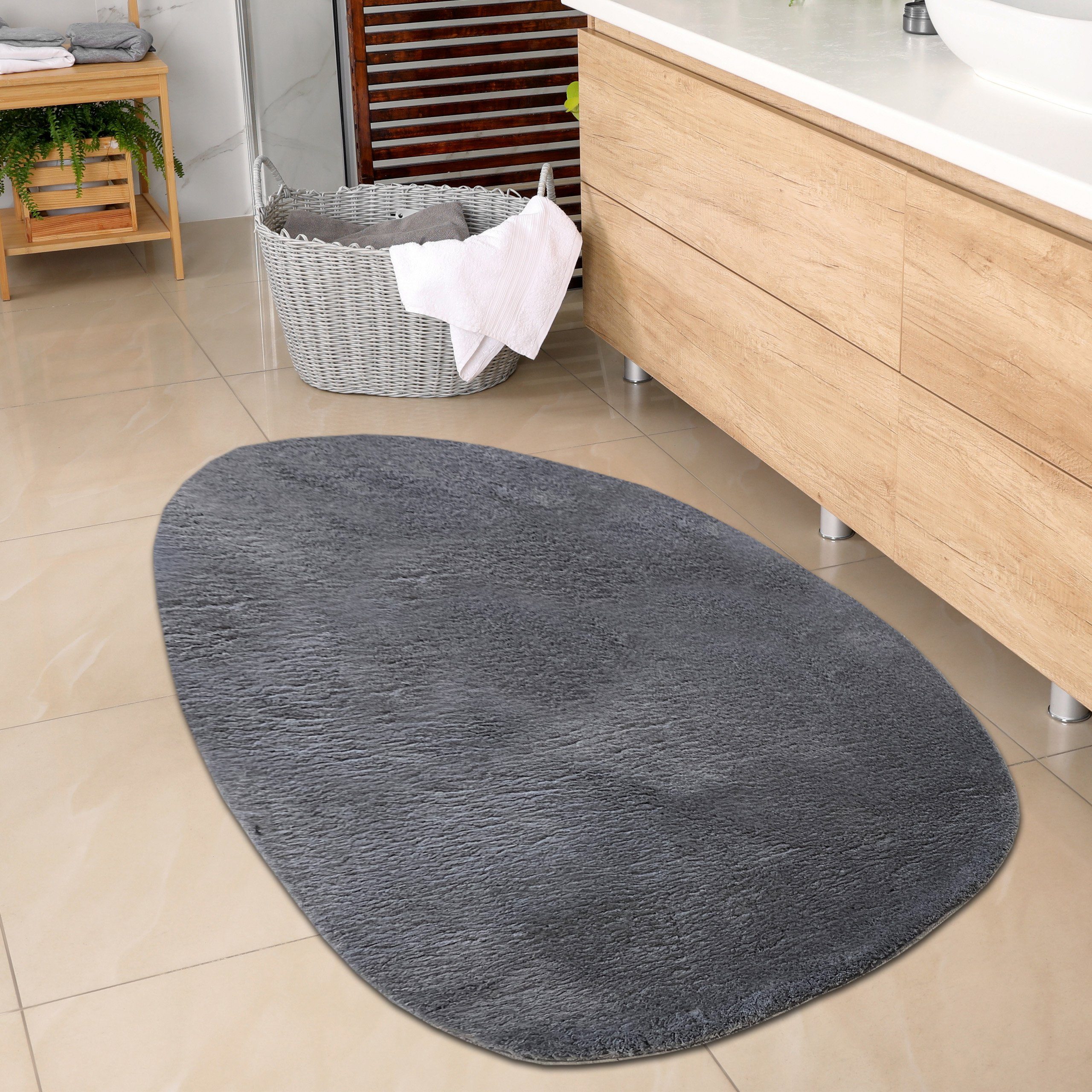 Teppich Ovaler Badezimmer Teppich – pflegleicht – in anthrazit, Carpetia,  Oval, Höhe: 16 mm