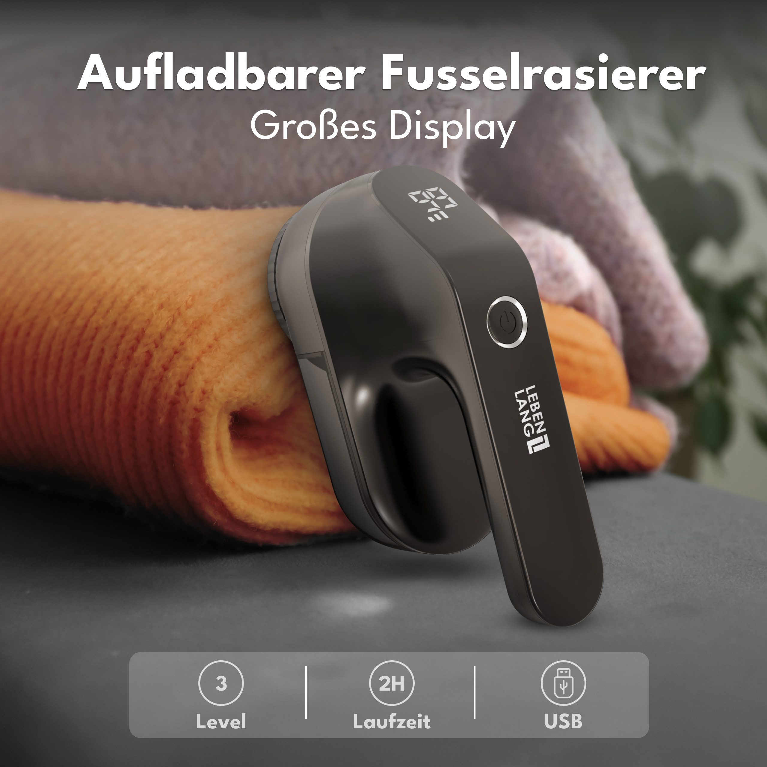 Lebenlang Fusselrasierer Elektrisch - 2000mAh & 2h Laufzeit mit LED-Anzeige & Reinigungspinsel, 3 Ersatzklingen, 6,5cm Schneidekopf, Inkl. Ladekabel & kurze Lad – Bild 2 von 5