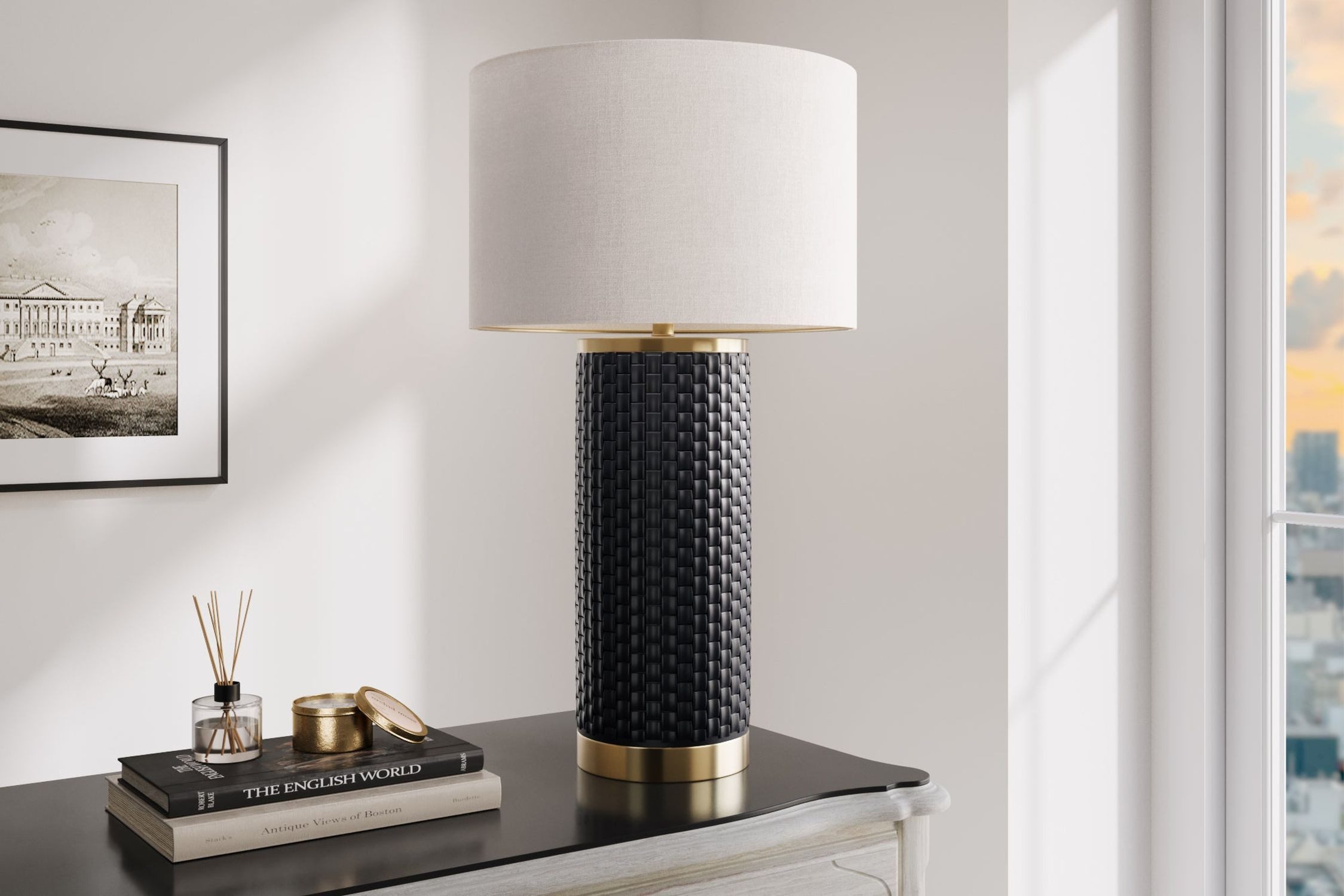 Licht-Erlebnisse Nachttischlampe PABLO, ohne Leuchtmittel, Keramik Stoff 70 cm hoch in Schwarz Weiß Gold E27 Modern