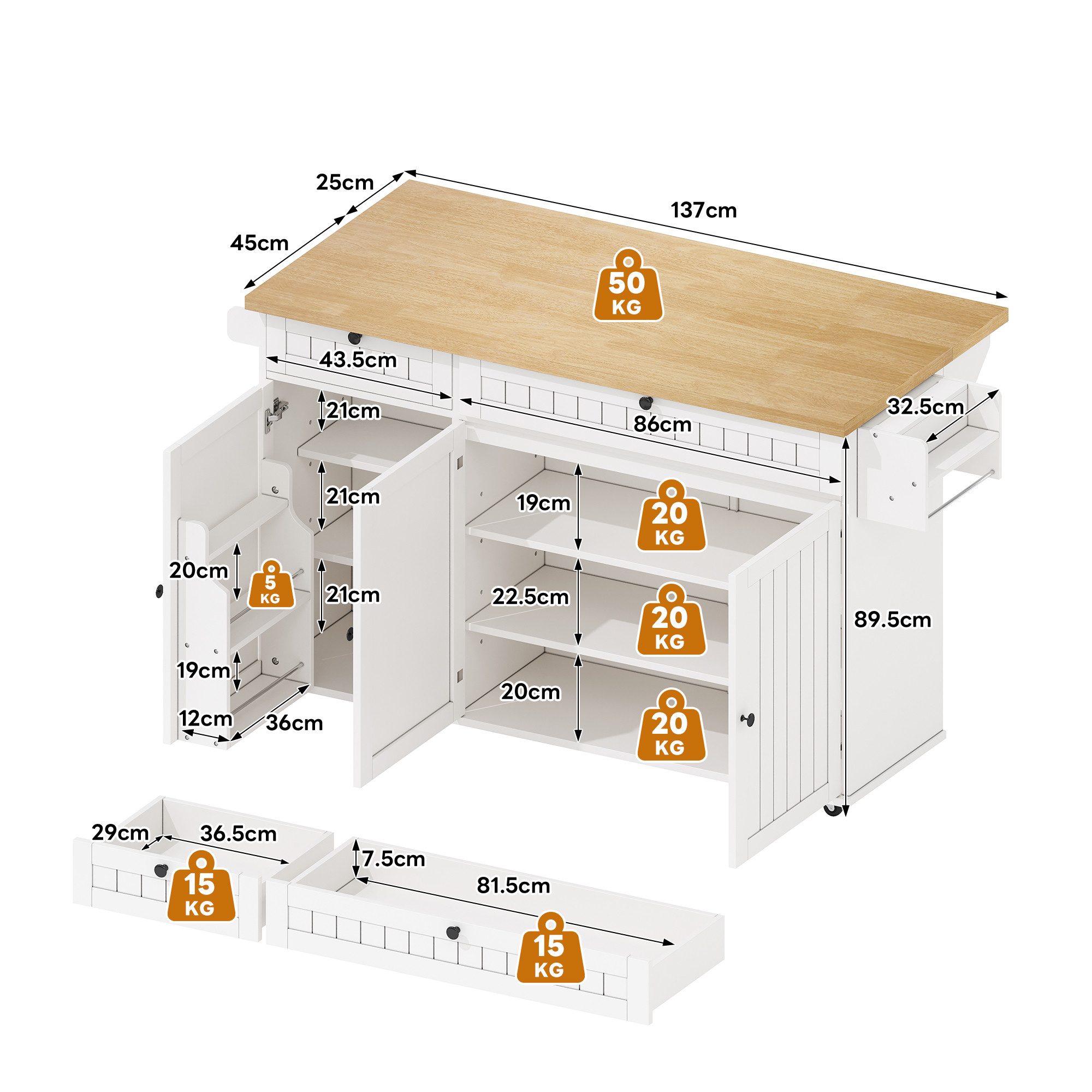 Flieks Küchenwagen Kücheninsel mit erweiterbarer Arbeitsplatte, Türregal und Rollen, (1 St), Servierwagen Küchenschrank Buffetschrank mit Schubladen Weiß – Bild 5 von 5