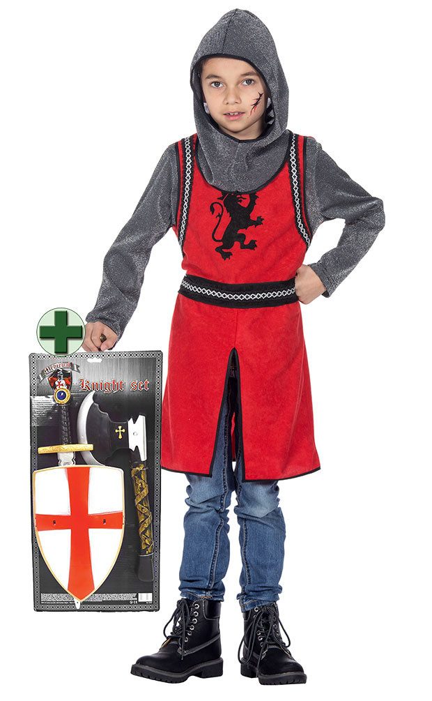 Karneval-Klamotten Ritter-Kostüm Kreuzritter Kinder rot silber schwarz m. Waffenset, Mittelalter Kinderkostüm für Karneval Gruppenkostüm