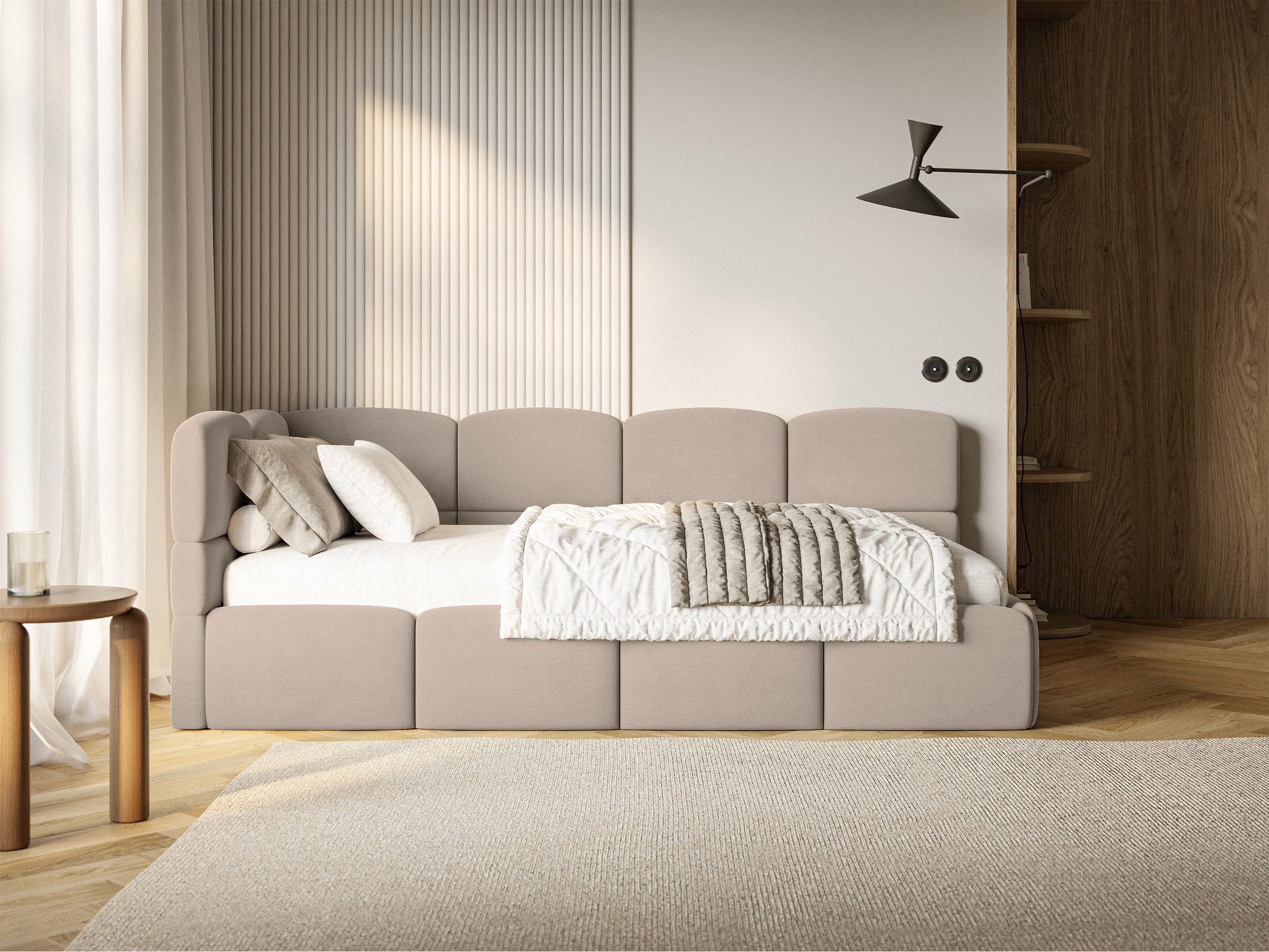 Selsey Jugendbett CLOUDY, mit Eck-Kopfteil, Lattenrost, Bettkasten und Easy-Clean-Samt, 90 cm