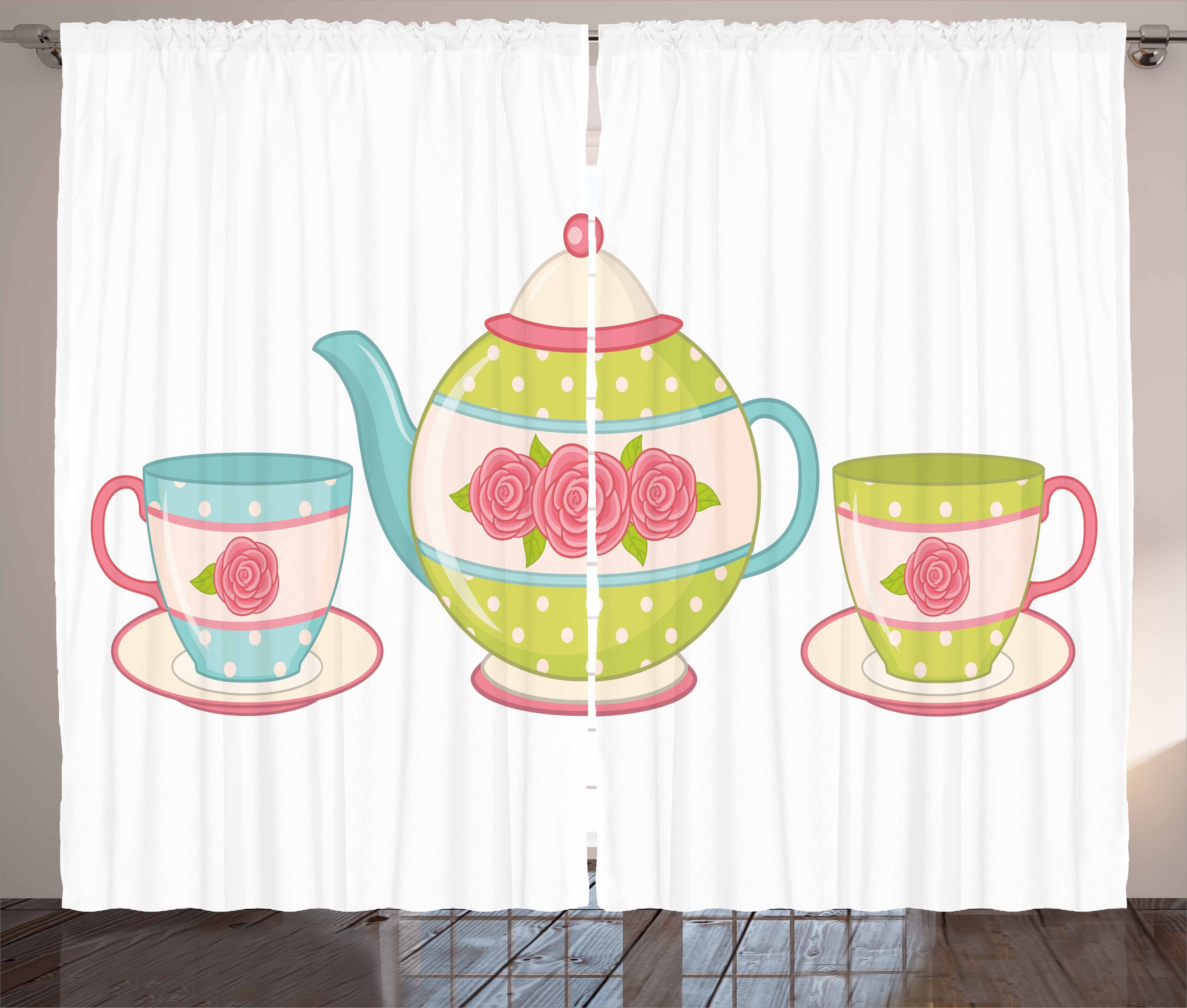Tee und Klassisches Teekanne Haken, Vorhang Blumen Schlafzimmer Gardine Abakuhaus, Porzellan Kräuselband mit Schlaufen