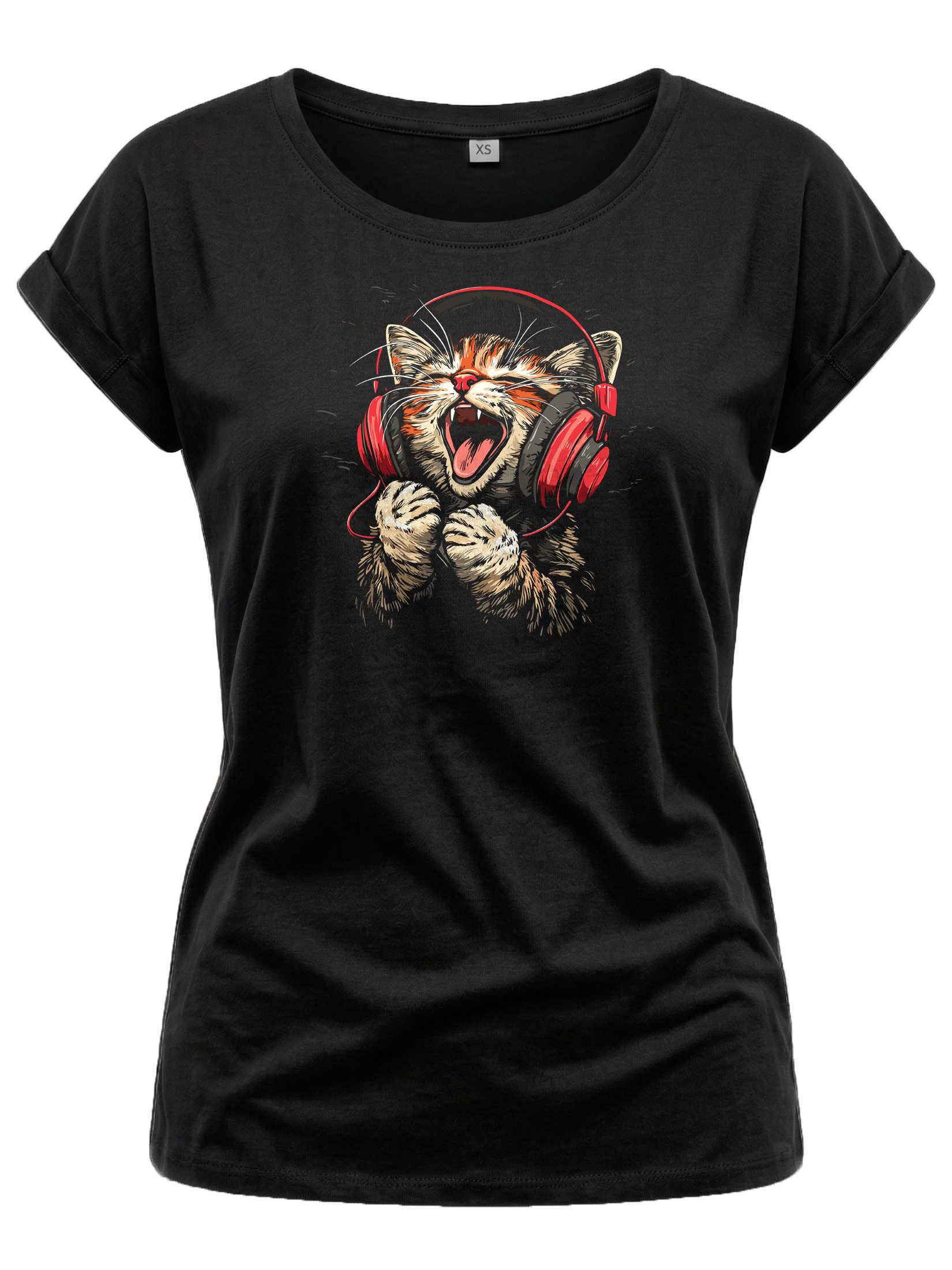 T-Shirt Lustiges Katzenshirt für Damen – Musik Katze mit Kopfhörern