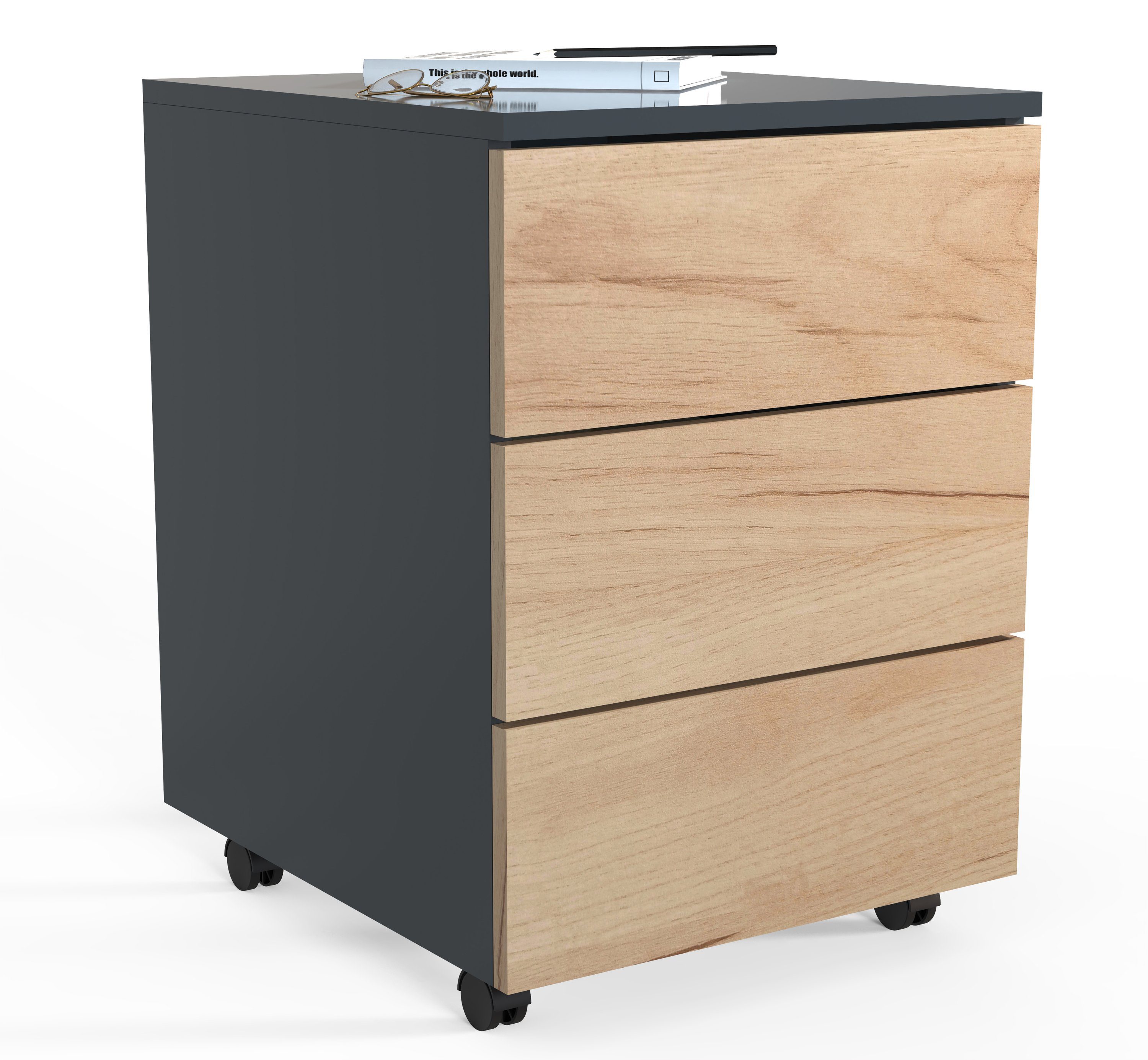 VCM Rollcontainer Dalosa B. 39 x T. 70 x H. 55 cm, Stauraum für Büromaterial, Arbeitszimmer, 3 Schubladen, Holzwerkstoff