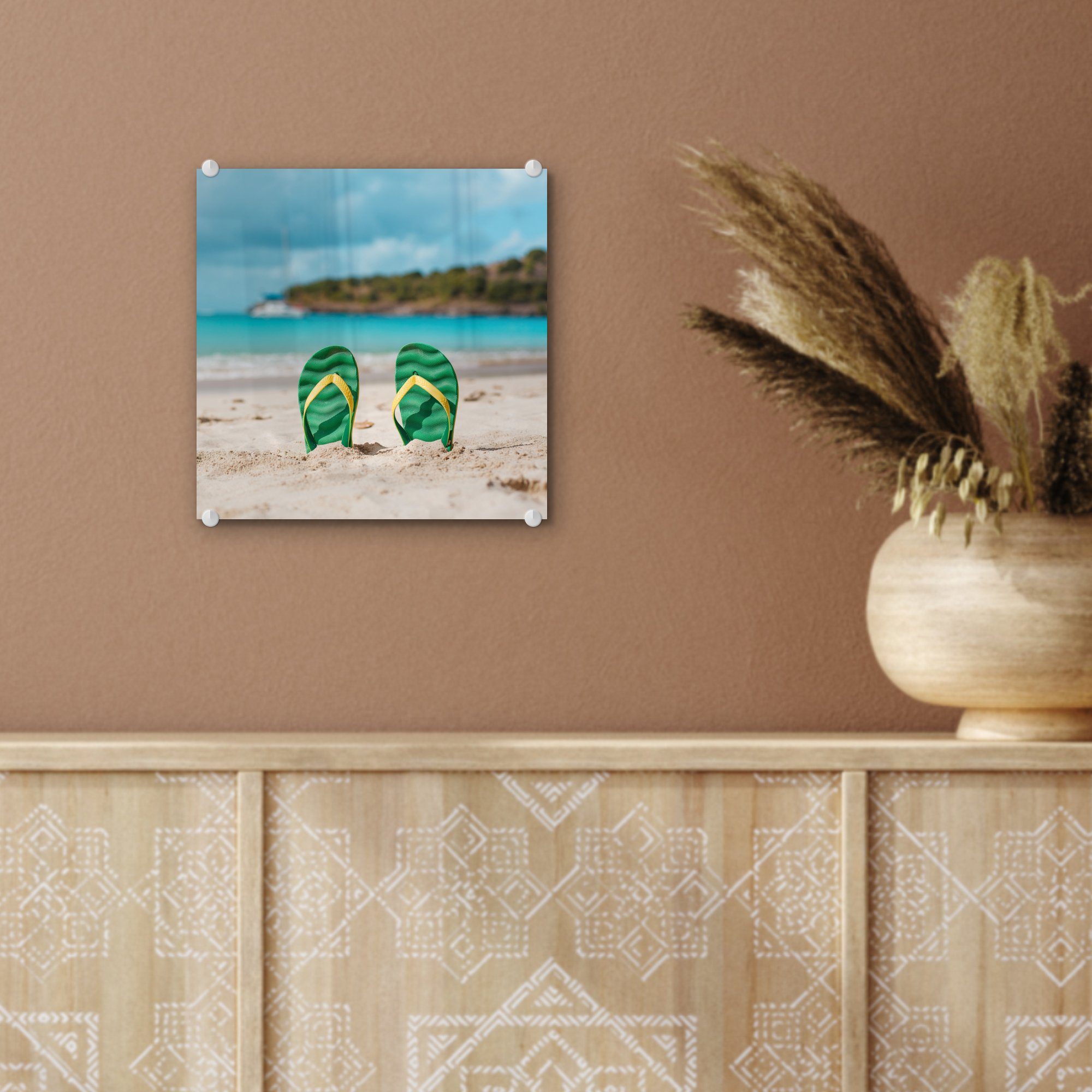 Foto Wandbild Wanddekoration St), - - Grün, - MuchoWow Acrylglasbild - (1 auf Glas auf Bilder - Glas Glasbilder Strand Pantoffeln