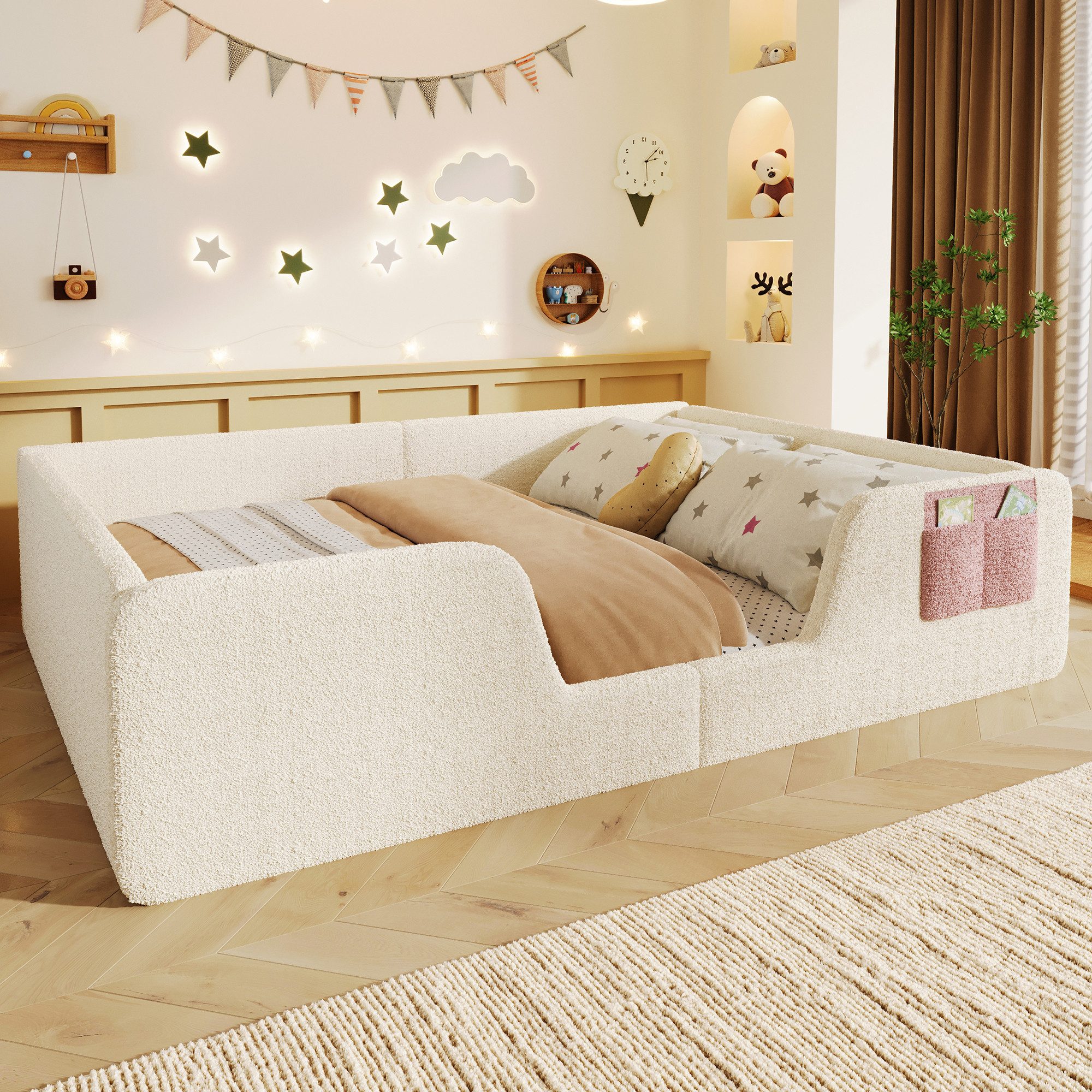 Merax Polsterbett 140x190cm mit abnehmbarer Sicherheitsleiste (Jugendbett Babybett Einzelbett, 1-tlg), Bodenbett Kinderbett mit Aufbewahrungstasche & Lattenrost, Samtbezug