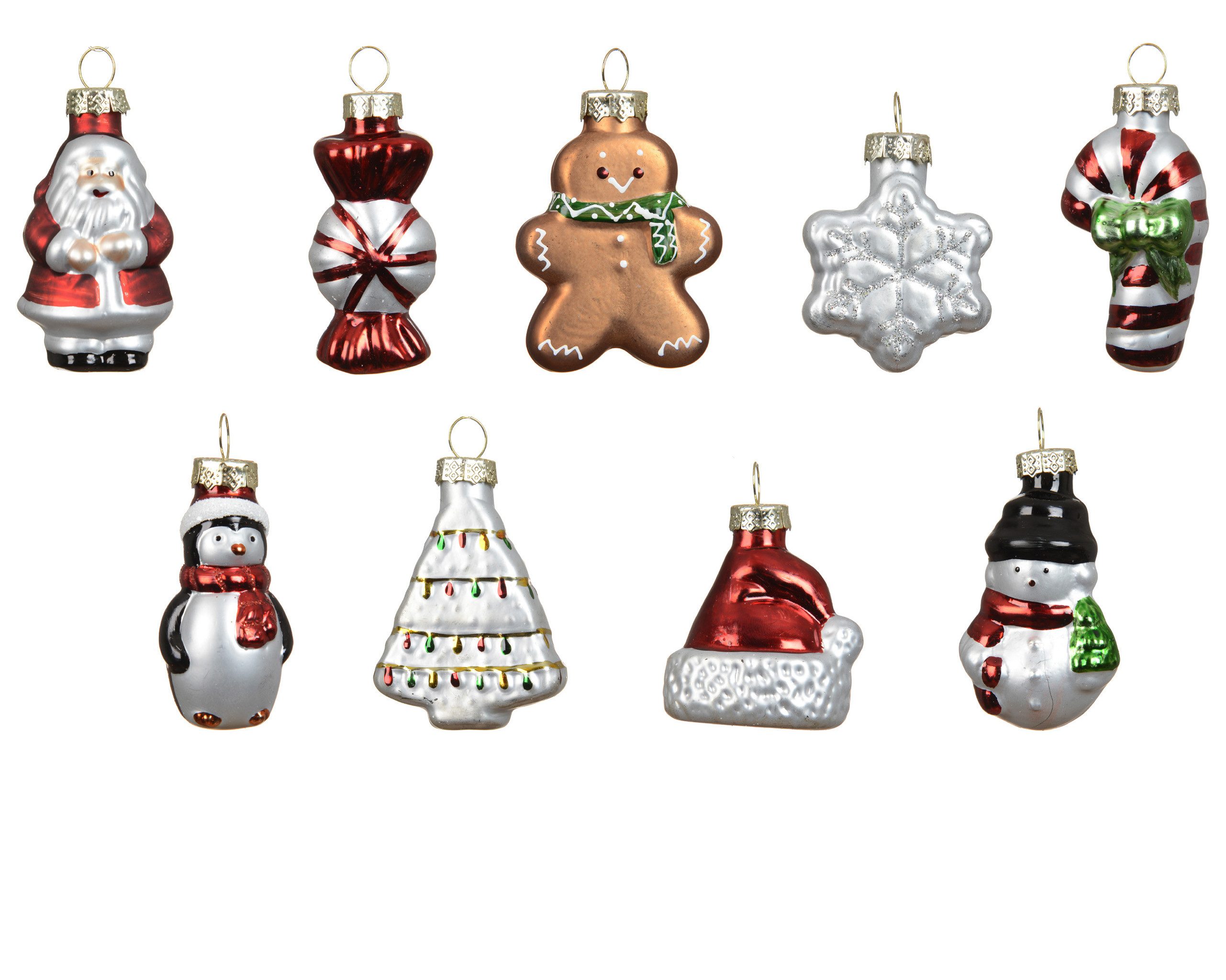 Kaemingk Christbaumschmuck, Christbaumschmuck Glas 5cm Weihnachtsmotiv Mini Anhänger 9er Set