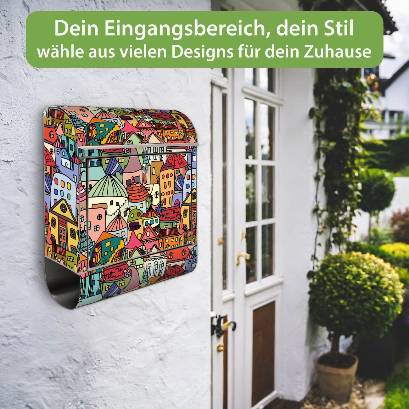 banjado Wandbriefkasten Edelstahl mit Motiv Funky Town (Wandbriefkasten groß, mit Zeitungsfach), 38 x 42,5 x12 cm