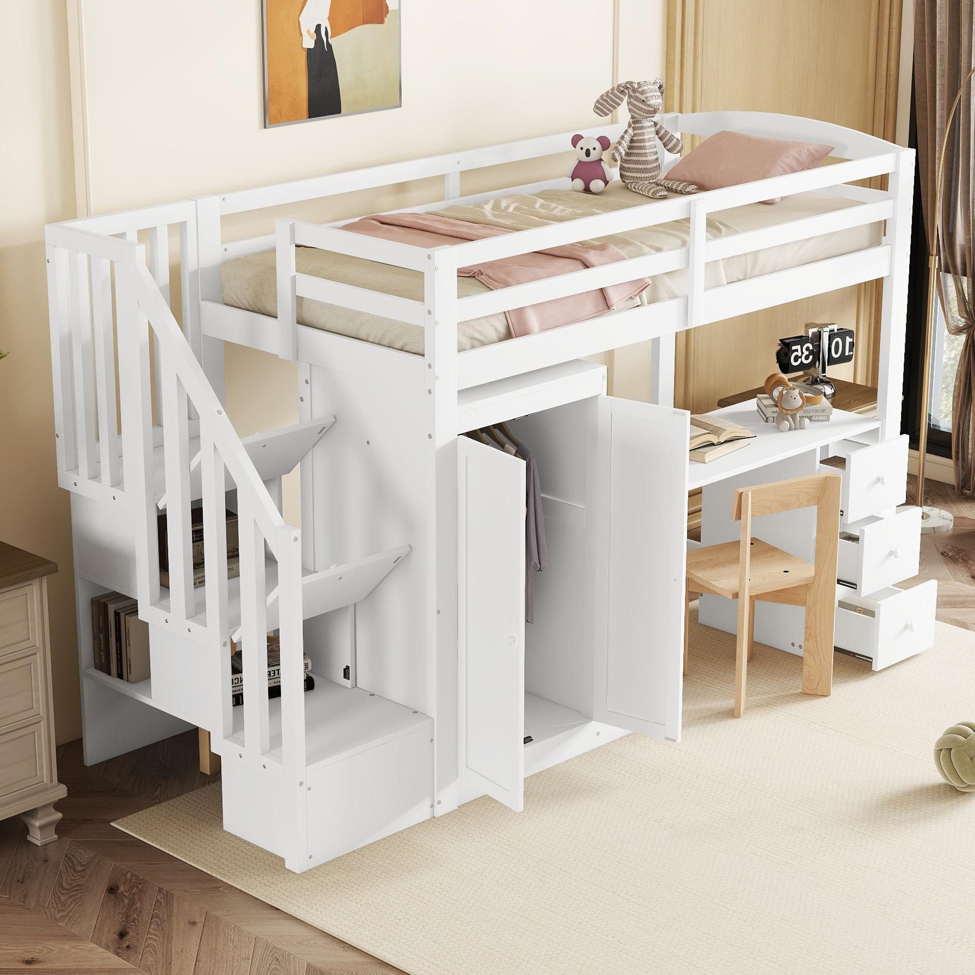 Ulife Hochbett 90x200cm, Stauraum mit Schreibtisch & Kleiderschrank, Kinderbett (1-St., Ohne Matratze) mit Treppe,Lattenrost, stabil & ideal für Kinder- und Jugendzimmer.