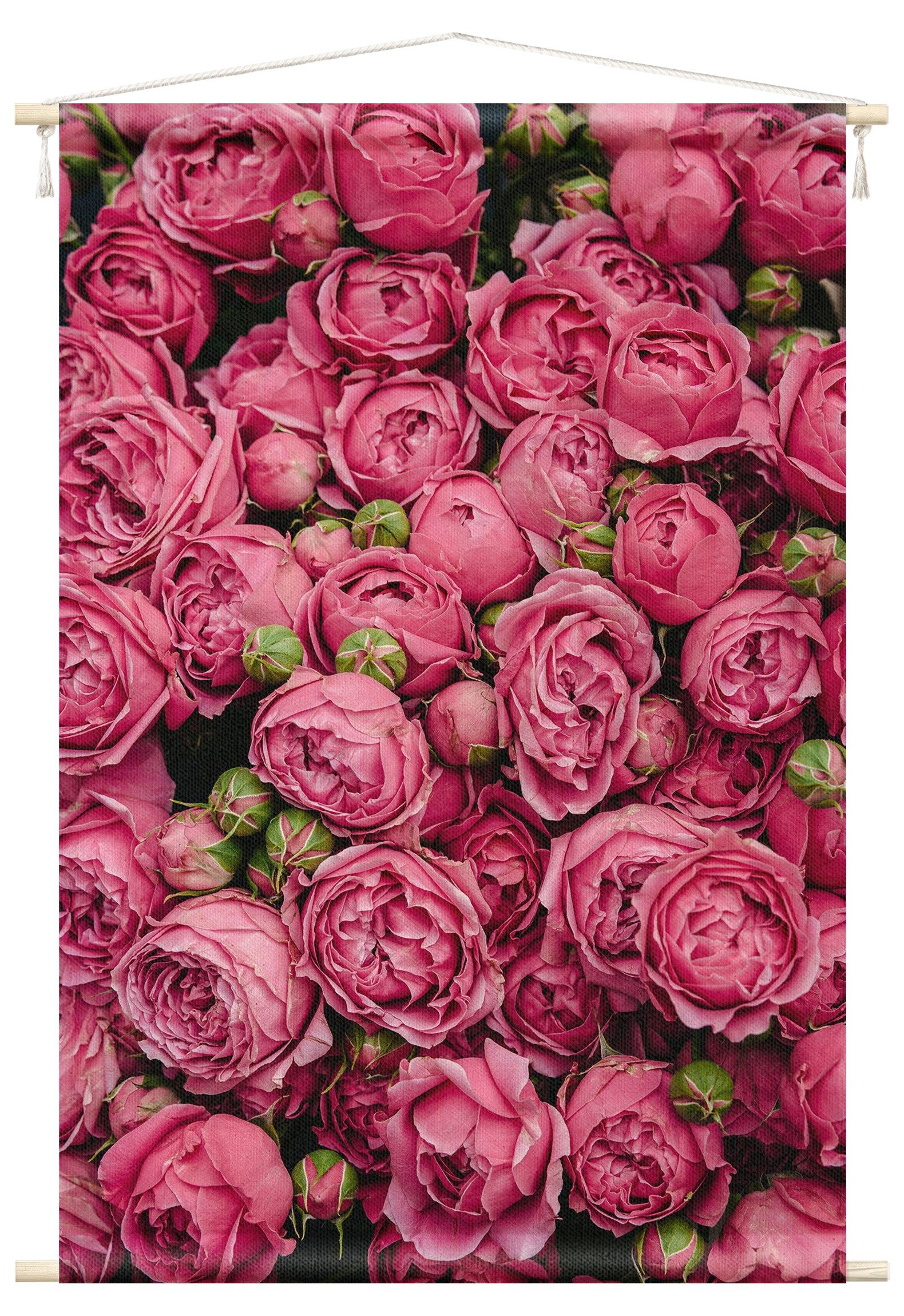 Bilderdepot24 Wandteppich modern Blumen Rosen pink, rechteckig, Höhe: 2.6 mm, großes Wandbild aus Natur-Baumwolle Wandbehang Stoffbild Tuch Wollseil