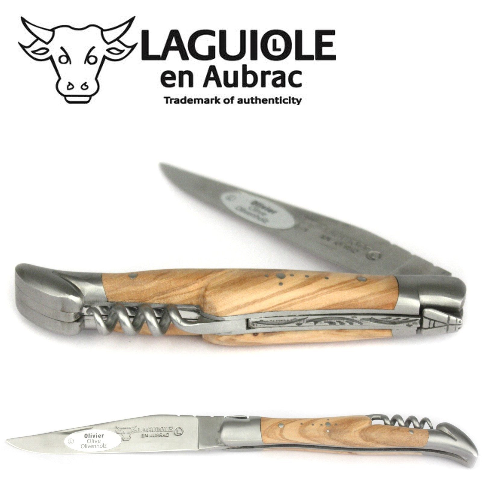 Laguiole en Aubrac Taschenmesser L0311OLIS, Griff 11cm Olivenholz - Korkenzieher - Klinge Backen Stahl satiniert