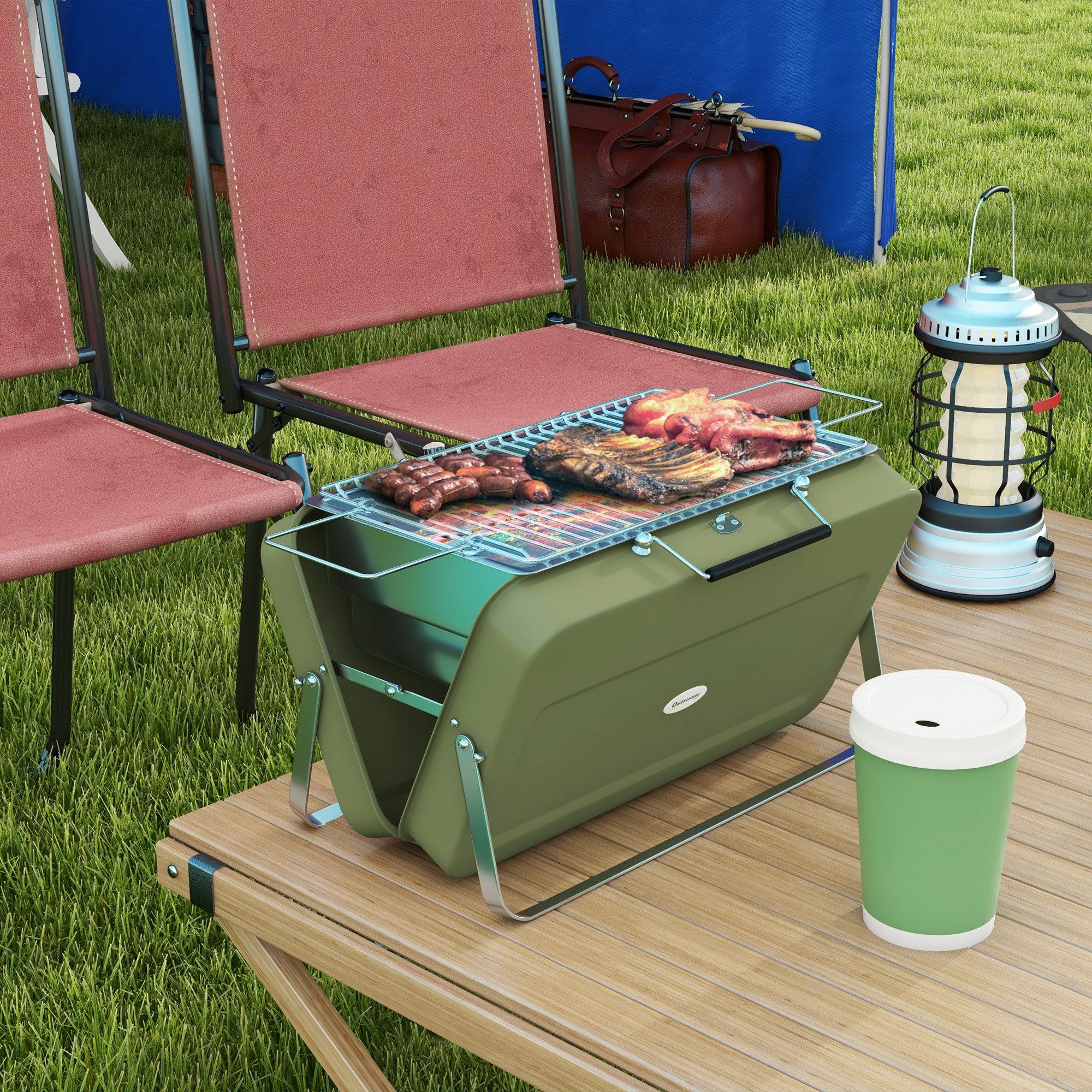 Outsunny Holzkohlegrill Tischgrill mit Kohleschale, Grillrost mit Griff, Tischholzgrill, Campinggrill, für Picknick, Garten, Edelstahl Grün, 47 x 30 x 28 cm