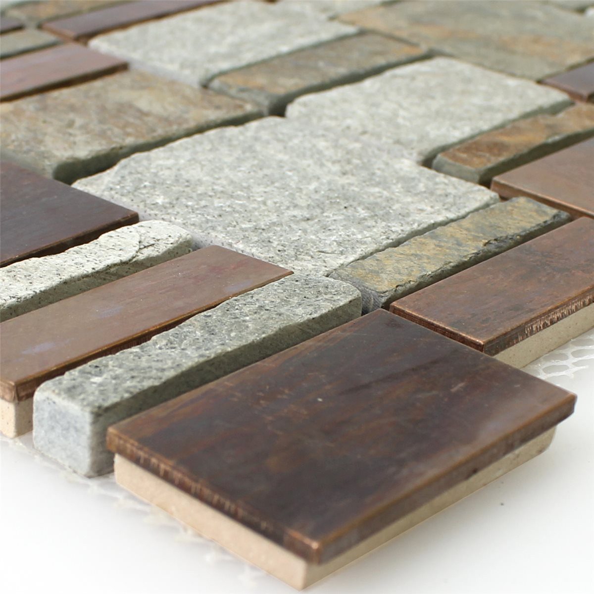 Mosafil Mosaikfliesen Naturstein Quarzit Metall Aluminium Mosaikfliesen Topsail Kupfer Braun, Naturstein-Metall-Quarzit-Kupfer 29.800x29.600, braun-grau-kupfer-rost, Verlegefertig auf ein Netz geklebt