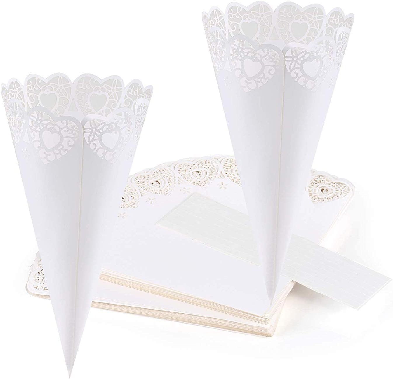 Fivejoy Konfetti 50 Stück Hochzeits-Konfetti-Kegel für Blütenblätter, Weiß, Konfetti Konus Tüten Deko Herz-Papierkegel für Süßigkeiten-Buffet