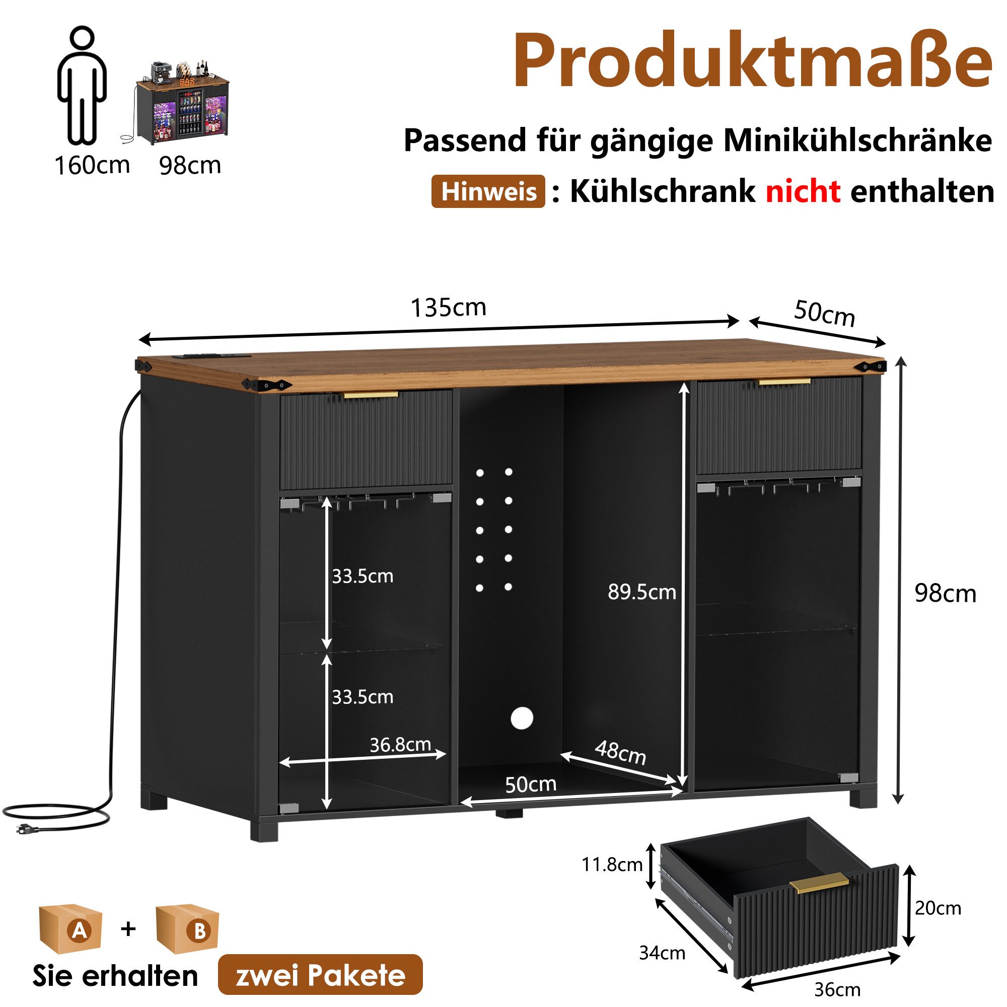 PEALOV Barschrank 3-in-1 Barschrank mit LED, Weinregal und Steckdosen, 135 x 50 x 98 cm (1-St) Buffetschrank mit Stauraum für Mini-Kühlschrank, Küche & Wohnzimm – Bild 2 von 5