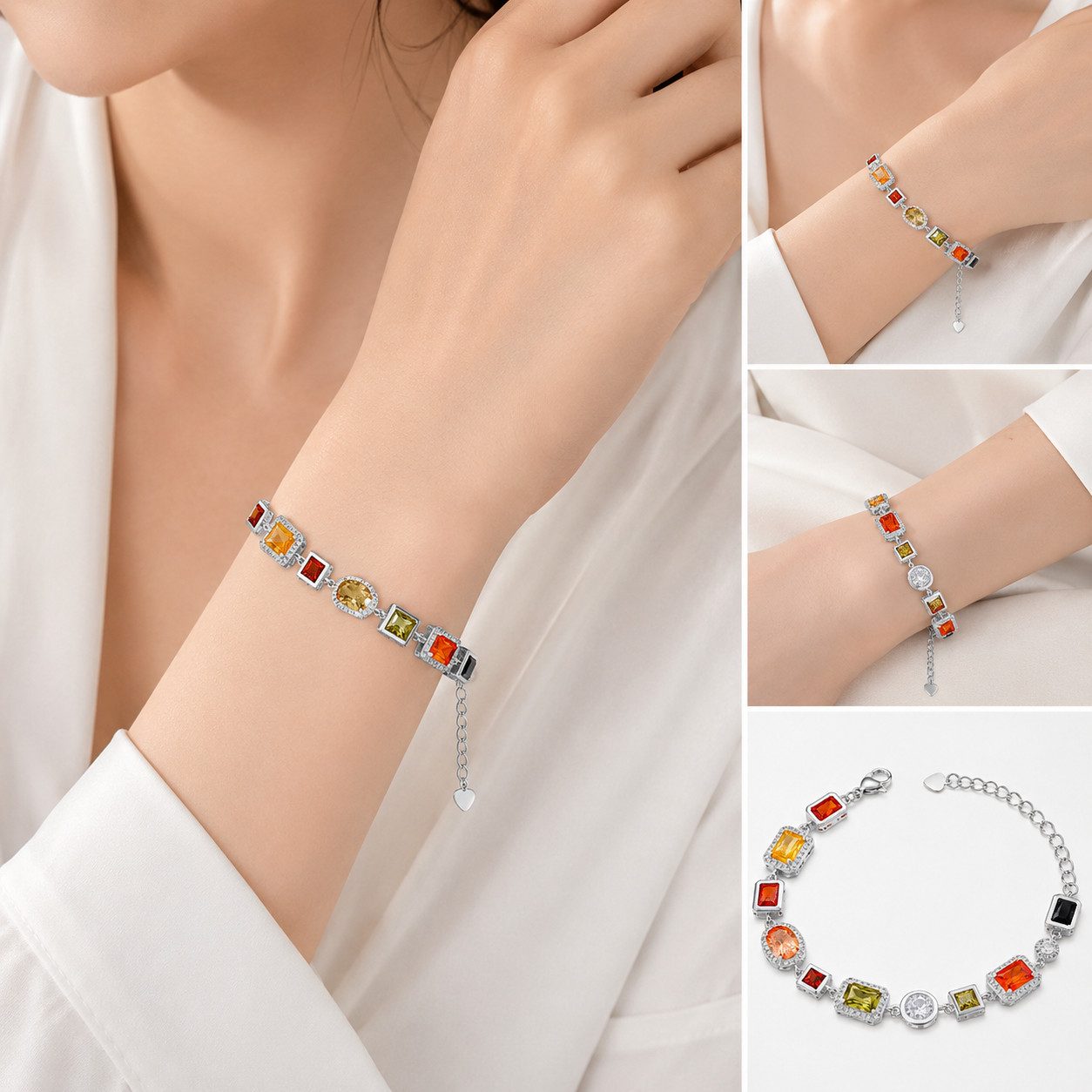 RAIKOU Collier Damen Zirkonia Schmuckset, Halskette /Armband, gold/silberfarben, Farbige Zirkonia-Steine – Bild 3 von 3