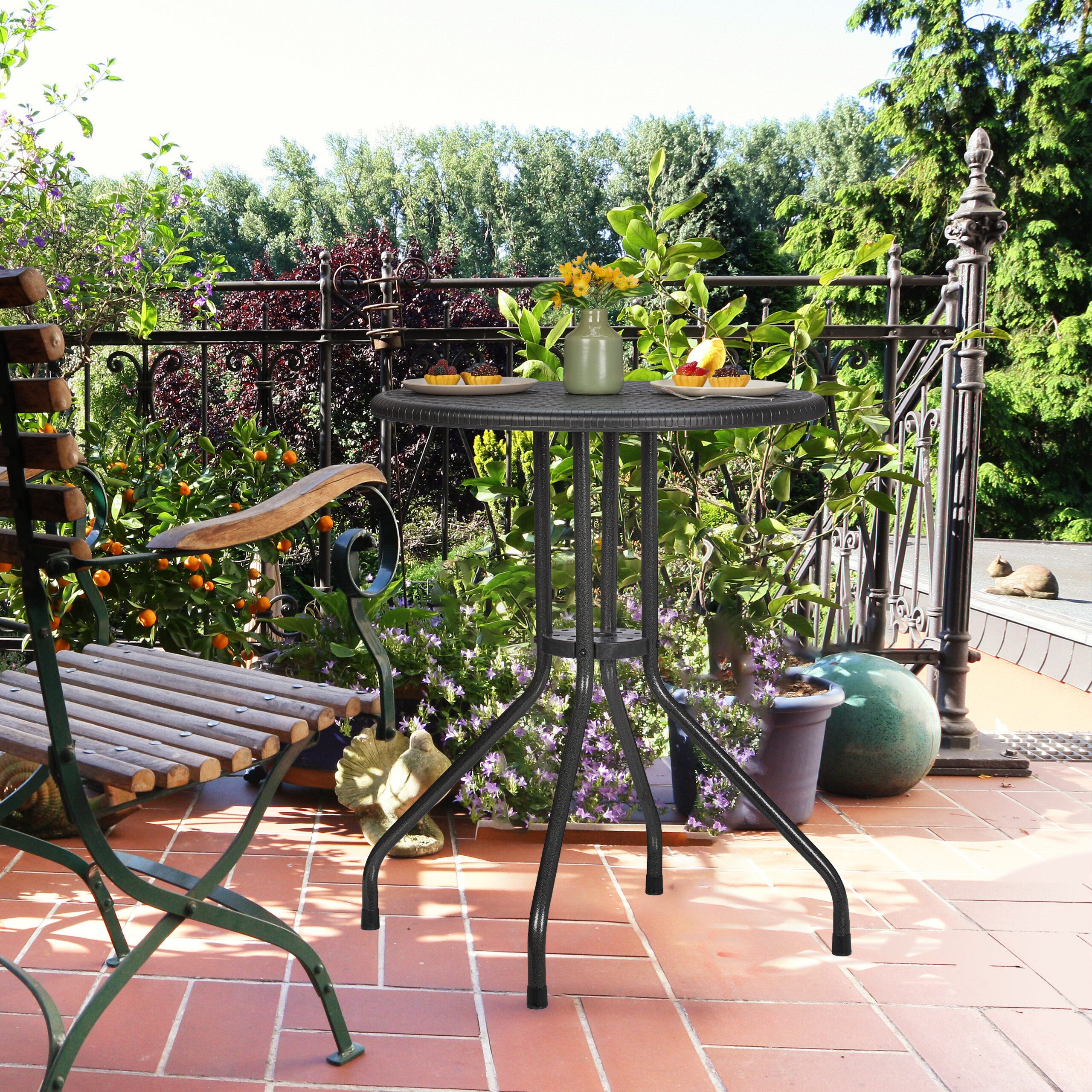 relaxdays Gartentisch Runder Gartentisch in Rattanoptik, weiß