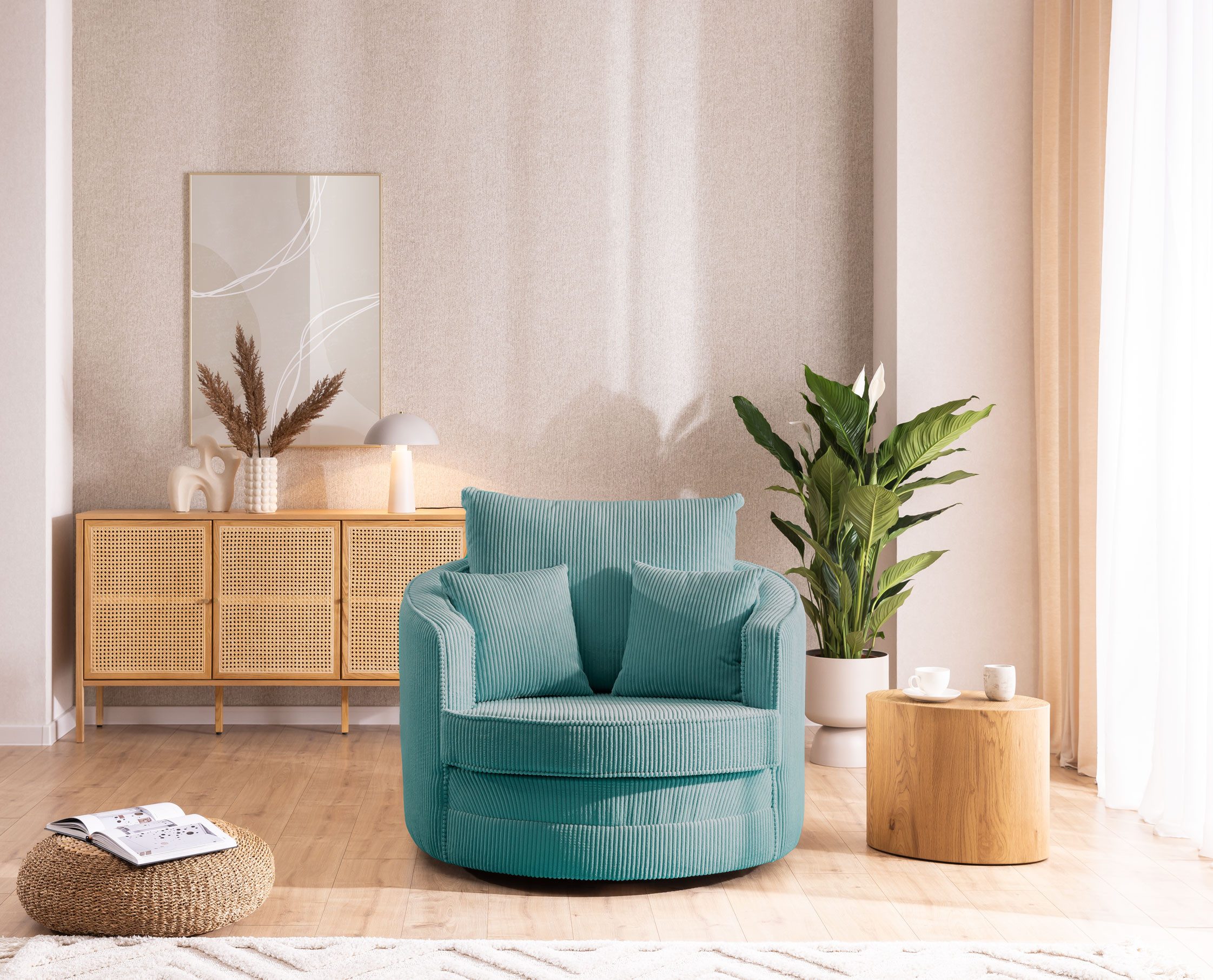 S-Style Möbel Drehsessel Ted Love Seat XXL 360 Grad drehbar aus Cord-Stoff, mit Wellenfederung