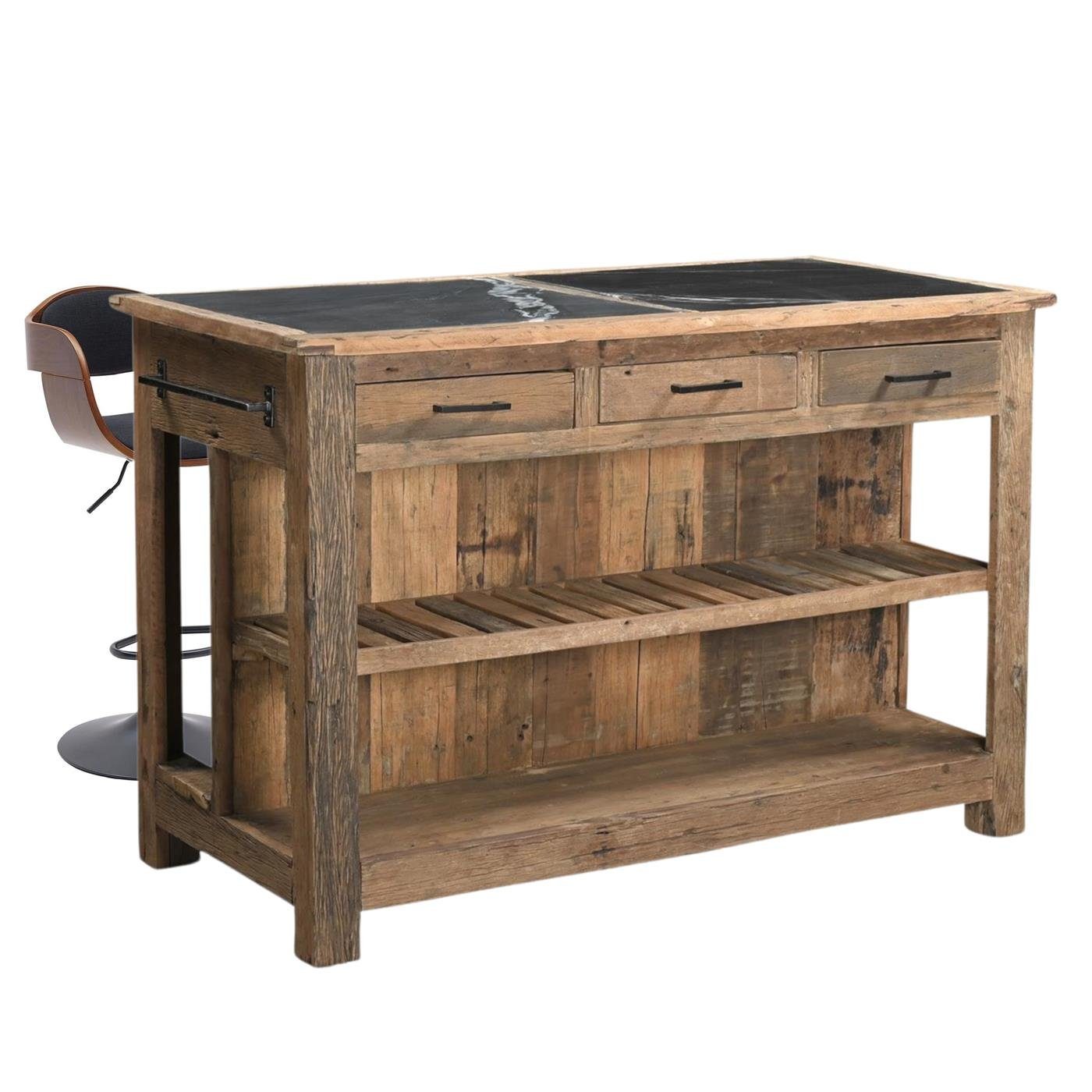 baario Küchentisch Kücheninsel MARE rustikal Altholz, Marmorplatte mit Theke freistehend Vintage