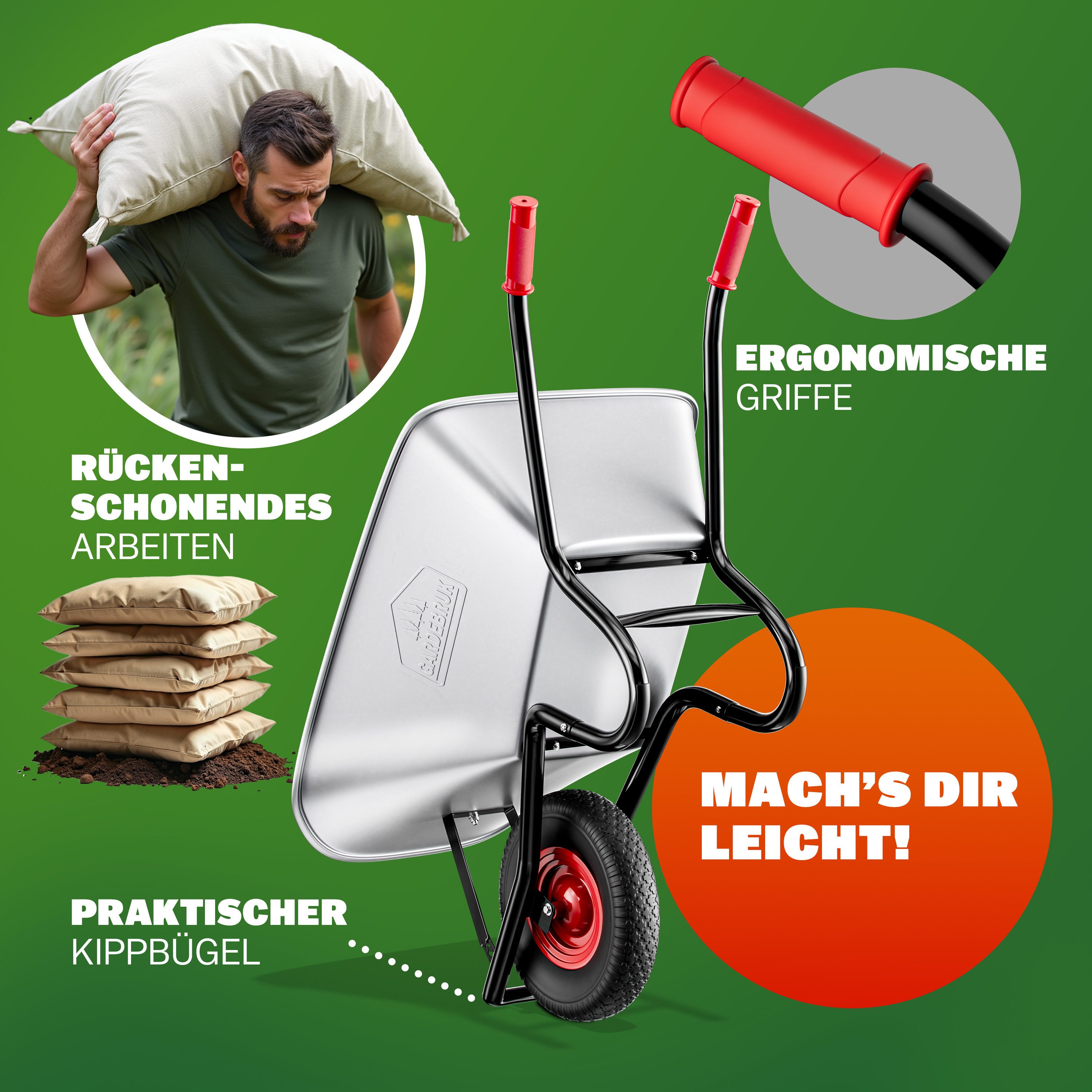 Gardebruk Schubkarre, 100 Liter bis 250kg Luftreifen mit Stahlfelge verzinkt Garten