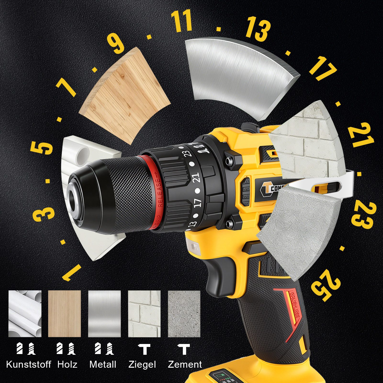 CONENTOOL Akku-Bohrschrauber Akkuschrauber Set Akkubohrer mit 60PCS Werkzeugkoffer, 21 V, max. 1800,00 U/min, (Set, 60-tlg., mit 2x 2000mAh Akkus und Ladegerät), 25+3 Drehmomentstufen, LED Licht, für Haus und DIY Projekt