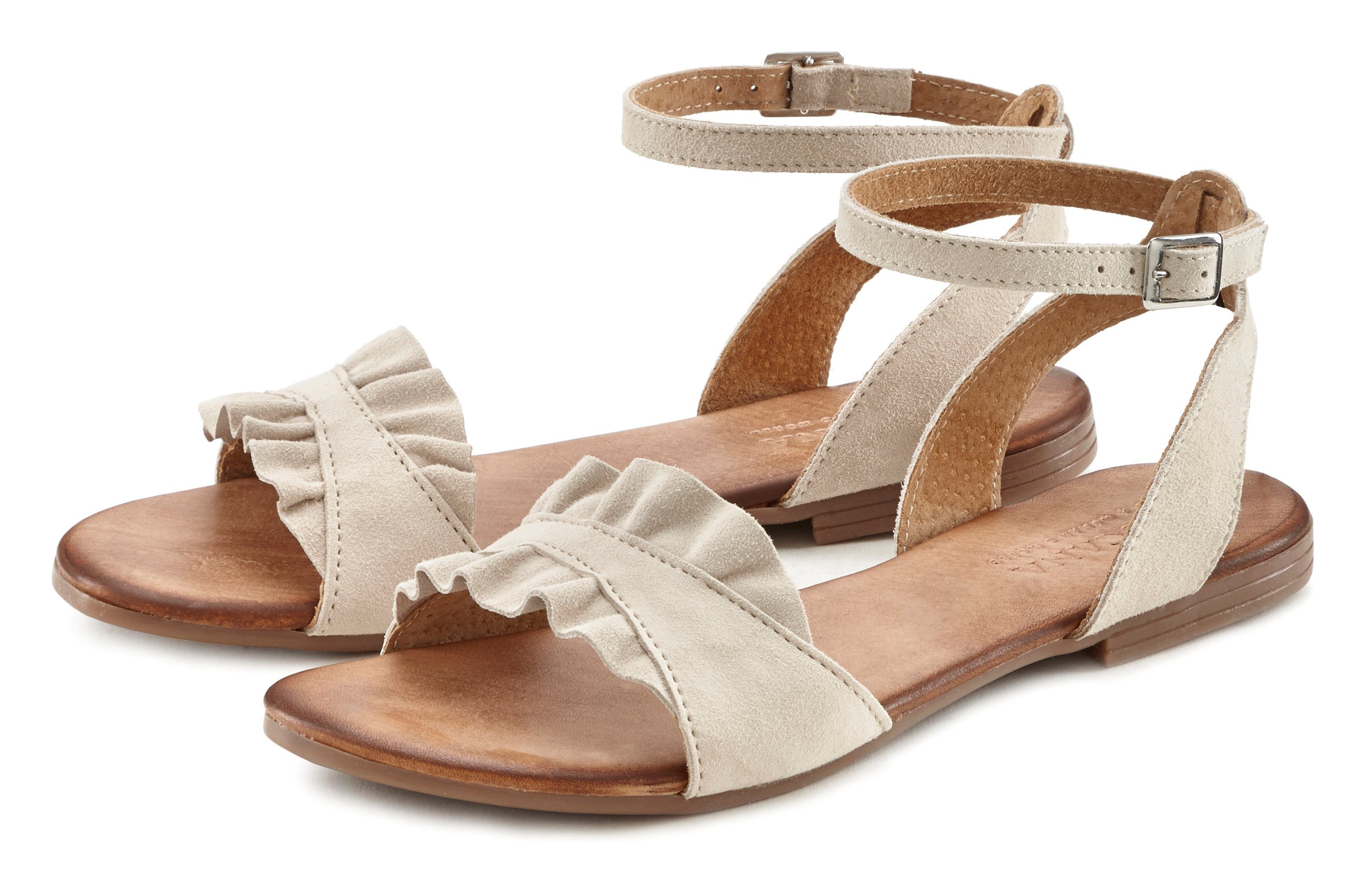 LASCANA Sandale Sandalette, Sommerschuh aus hochwertigem Leder mit kleinen Rüschen beige