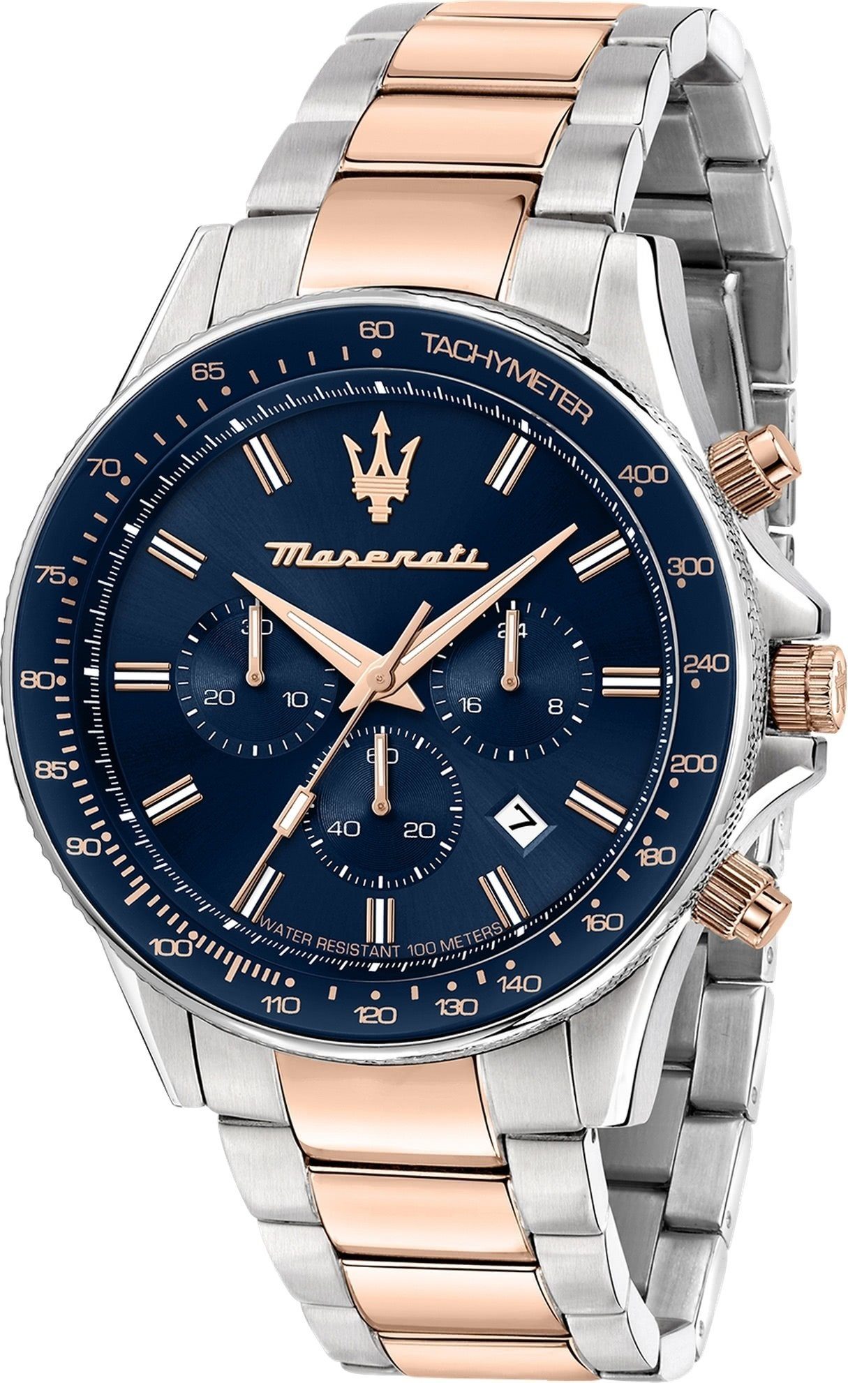 MASERATI Chronograph Maserati Herrenuhr Sfida Chrono, (Chronograph), Herrenuhr rund, groß (ca. 44mm) Edelstahlarmband, Made-In Italy