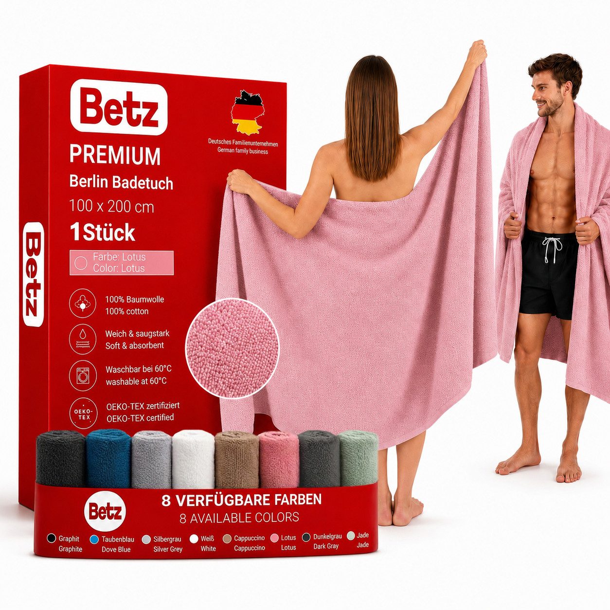 Betz Badetuch Berlin Größe 100 x 200 cm Saunatuch & Strandtuch 360 g/m², 100% Baumwolle (1 Stück, 1-St), saugstark & weich – großes Handtuch mit Aufhänger – Serie Berlin