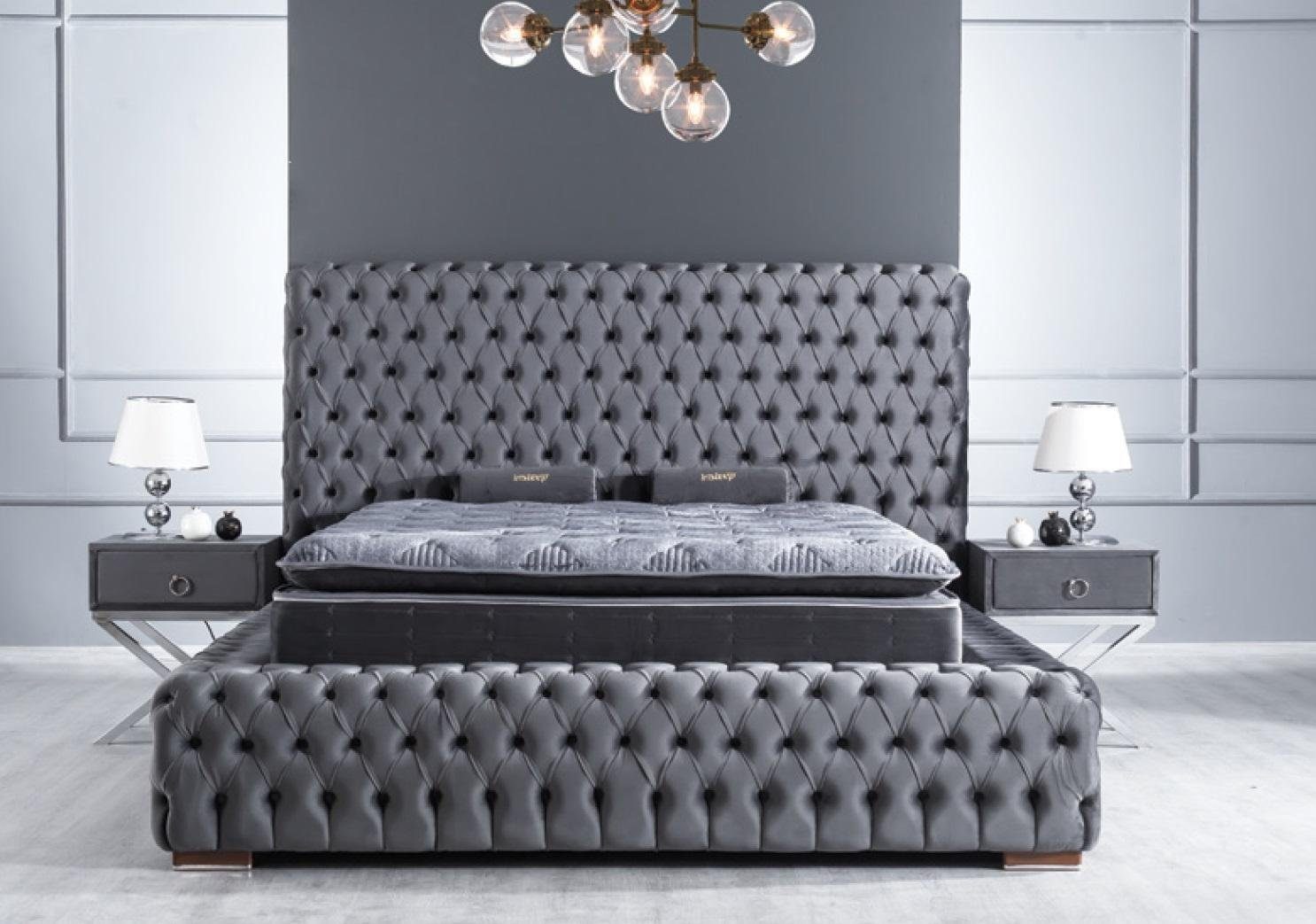 JVmoebel Schlafzimmer-Set Chesterfield Bett mit Nachtischen aus Samt und Matratze, Made in Europa