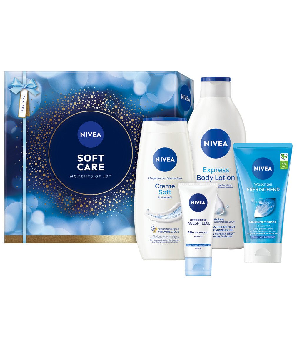 Nivea Feuchtigkeitspflege-Set Soft Moments Geschenkset 4-teilig Duschgel Lotion Creme Gesicht Set, 4-tlg.