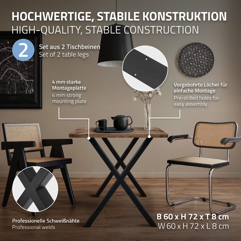 ECD Germany Tischbein 2x Tischbeine X-Design aus pulverbeschichtetem Stahl Industriedesign, Tischgestell Kreuzgestell 60x72 cm Metall Tischkufen Möbelfüße – Bild 2 von 5