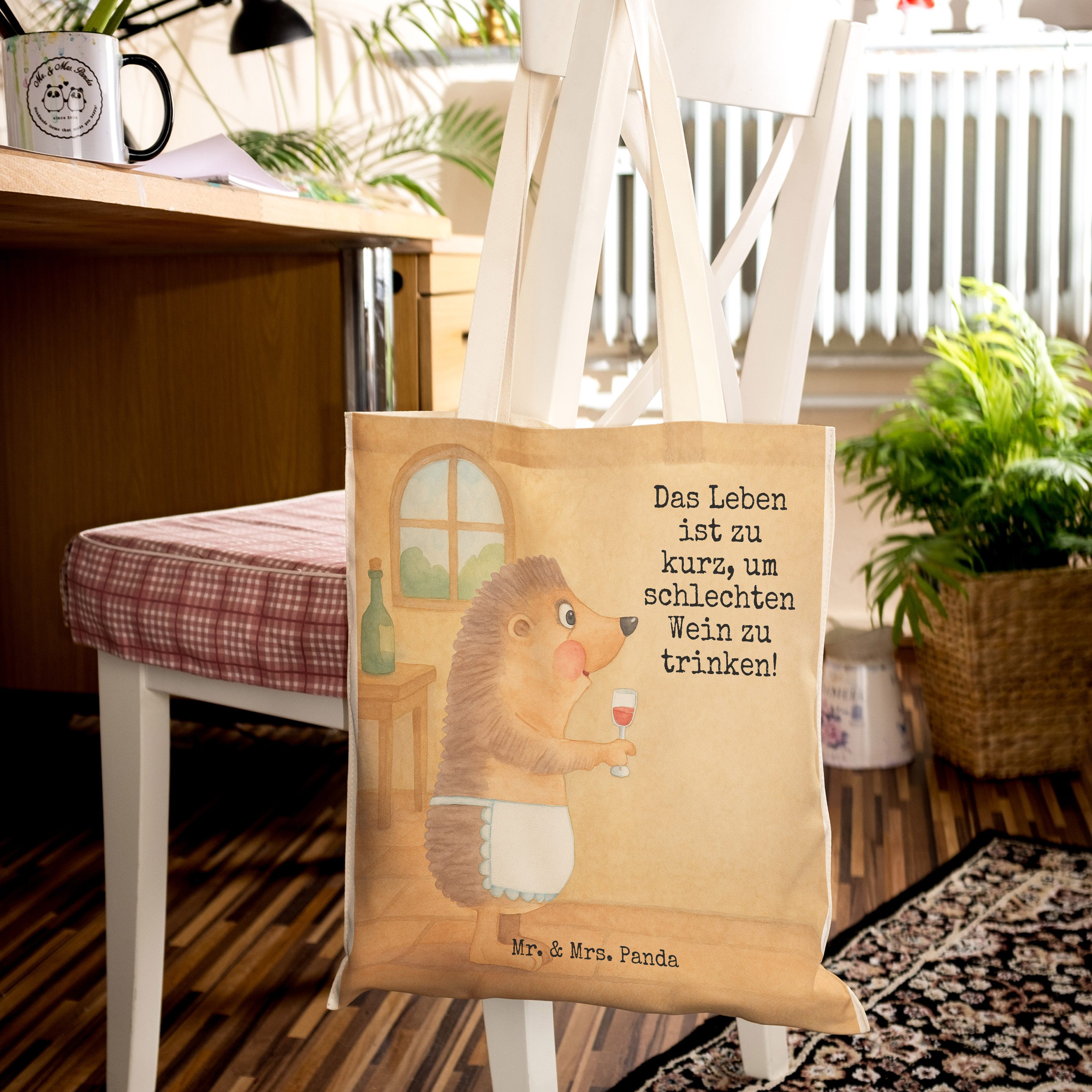 Mr. & Mrs. Panda Tragetasche Igel Wein Design, Tote Bag, Weiß, Beutel, Tasche, trinken, Lustige Sp (Packung), Wein trinken Tragetasche mehrzwecktasche