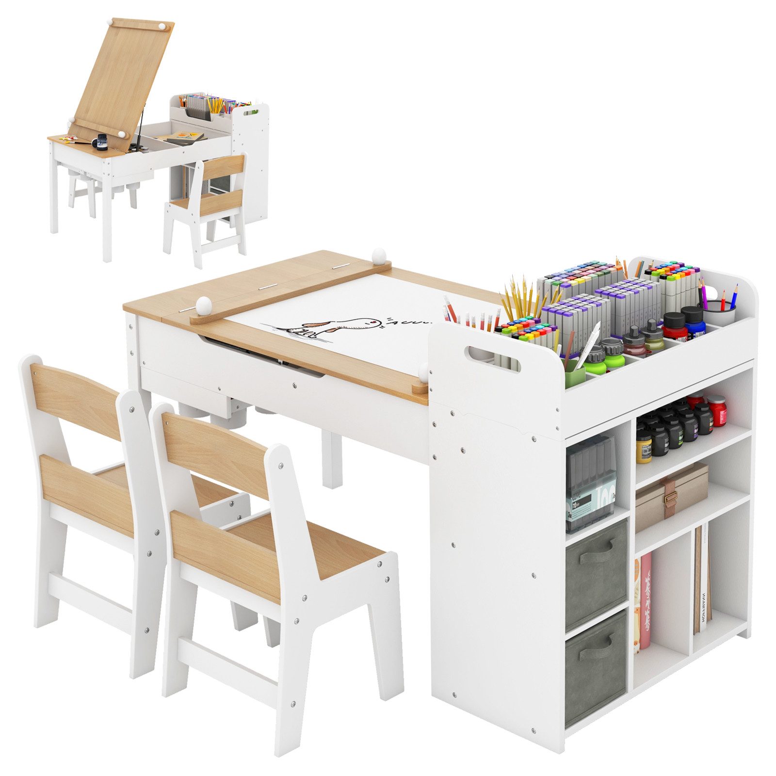 COSTWAY Kinderschreibtisch (3-St), Kindersitzgruppe mit klappbarer günstig online kaufen