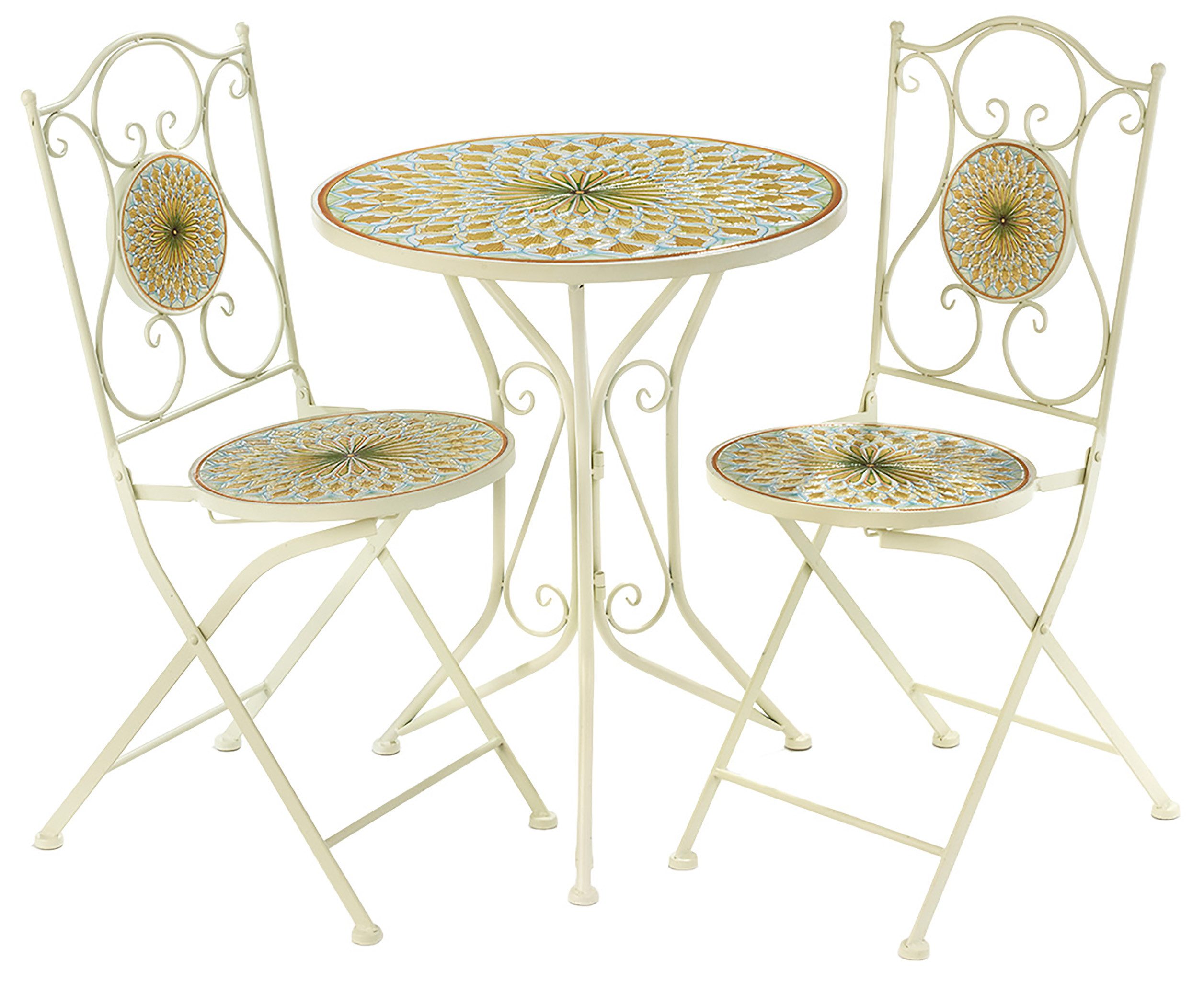 Balkonset Sitzgruppe Gartenmöbel Mosaikoptik - 1 Tisch 2 Stühle Metall - weiß