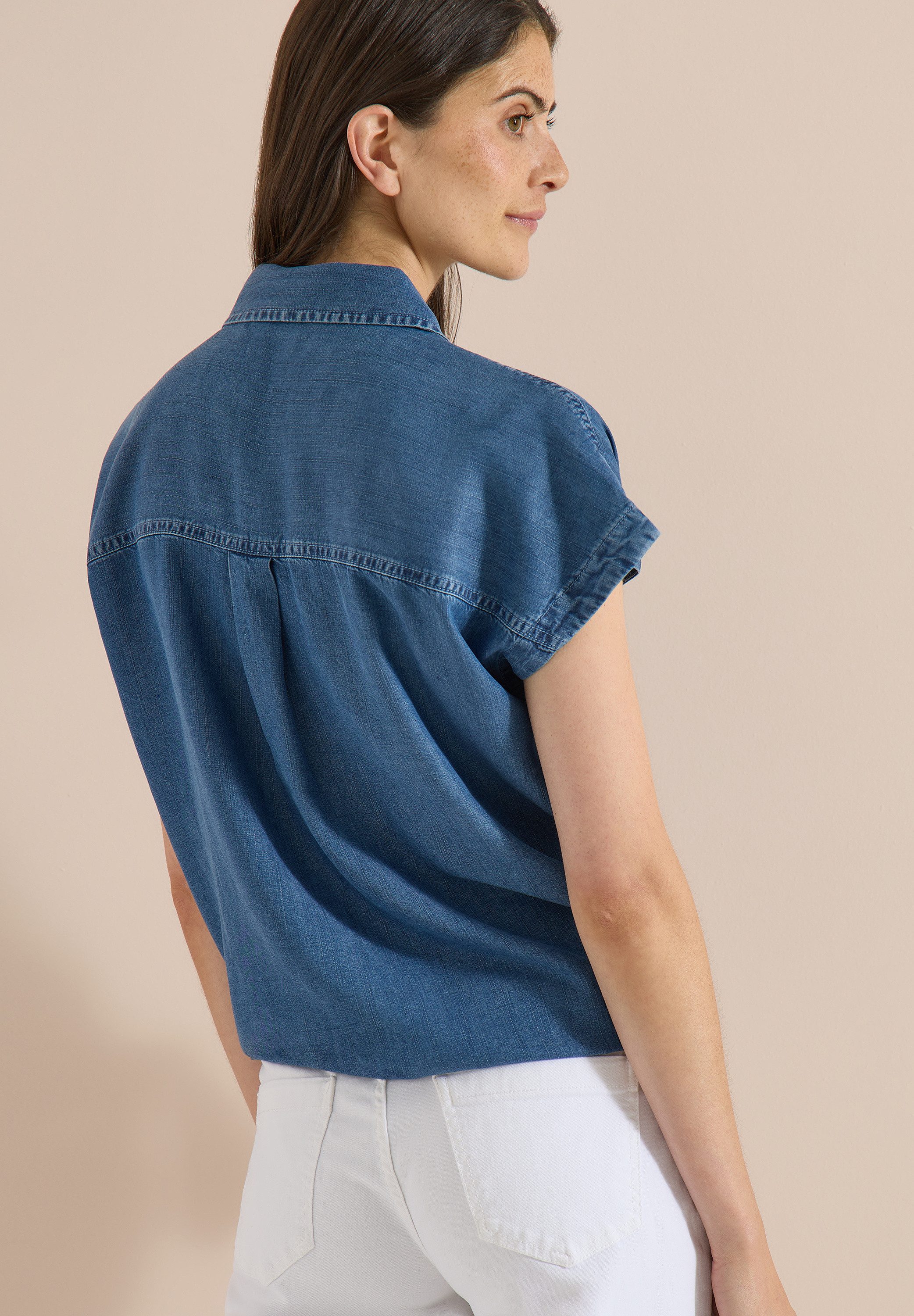 CECIL Hemdbluse Sommerbluse im Denim-Look / Knotendetail am Saum