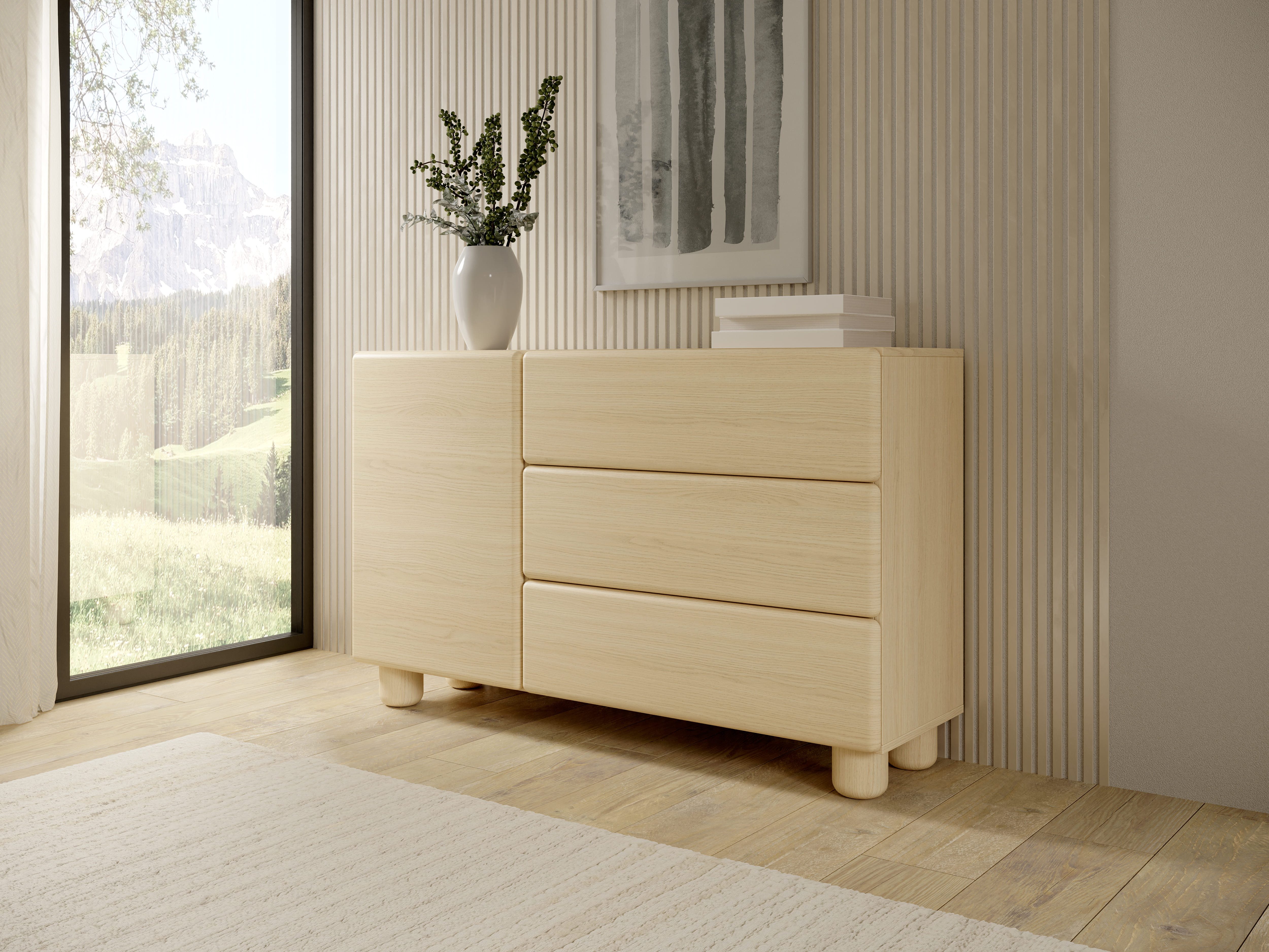 MOEBLO Kommode ELDORA E 130 1D3S (Kommode mit 1 Tür und 3 Schubladen, 130 cm breit, grifflos mit Push-to-open, Vicenza-Eiche, Wohnzimmer Kommode Schlafzimmer Komodenschrank), (BxHxT): 130 x 80 x 38 cm