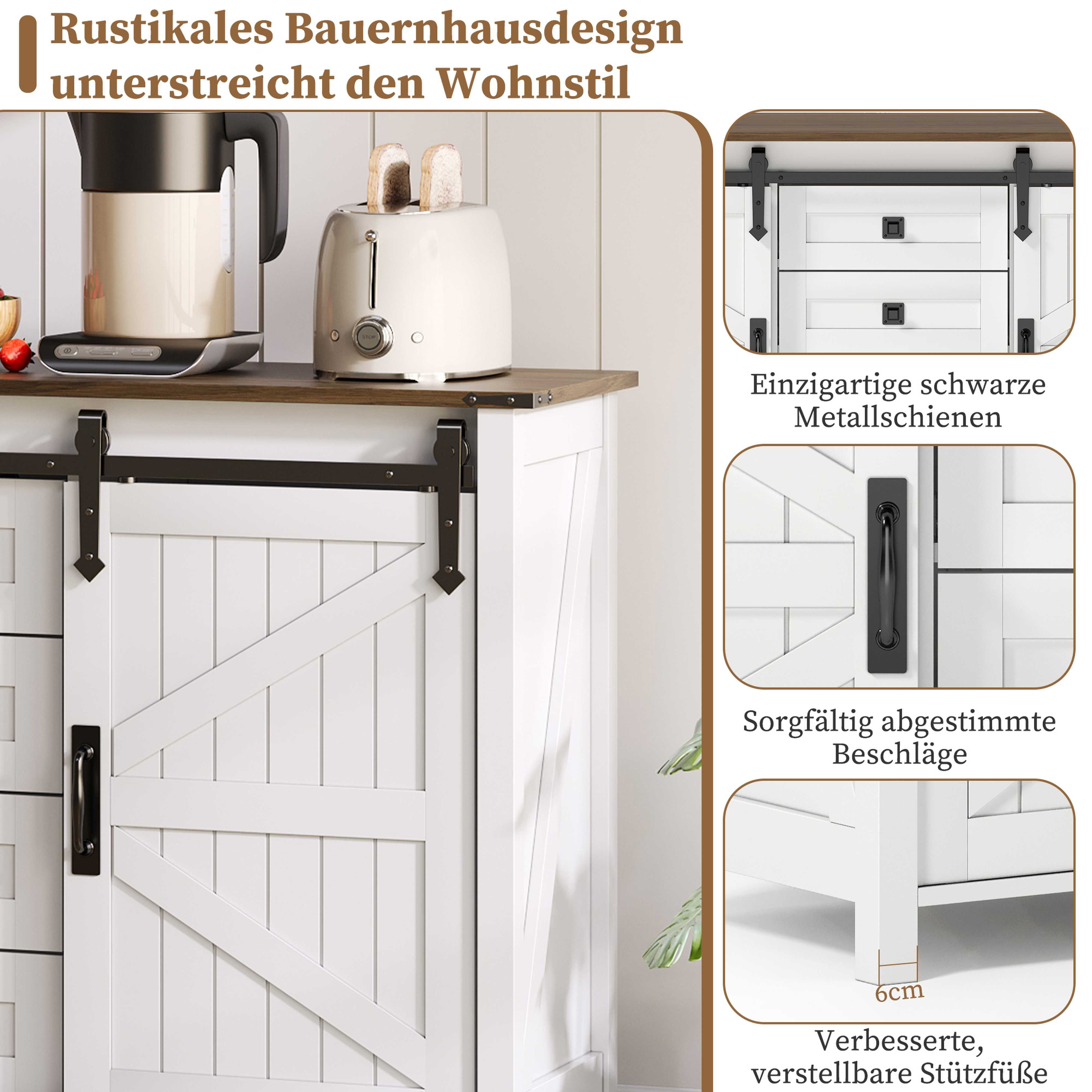 BlingBin Sideboard Küchenbuffet mit Schublade, Regaltüren & verstellbaren Einlegeböden (1 Set, 1 St., 137x80x81.5cm), ideal für Küche, Wohnzimmer & Schlafzimmer