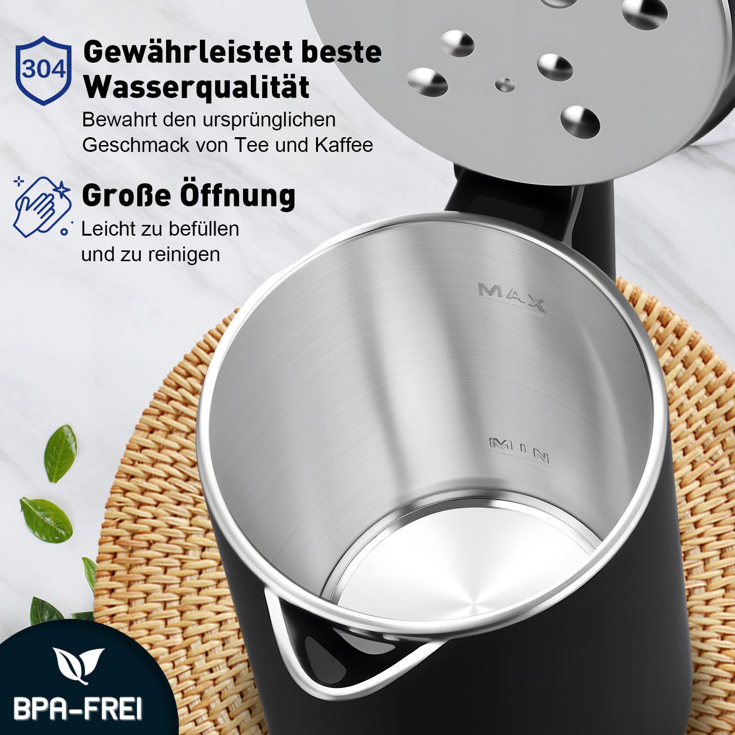 CkeyiN Pro Wasserkocher 304 Edelstahl,1.8L,mit 5 Temperaturregler,Wasserkocher Doppelwandig, 2200 W, 2200W, LCD Digitale(45-100°C)