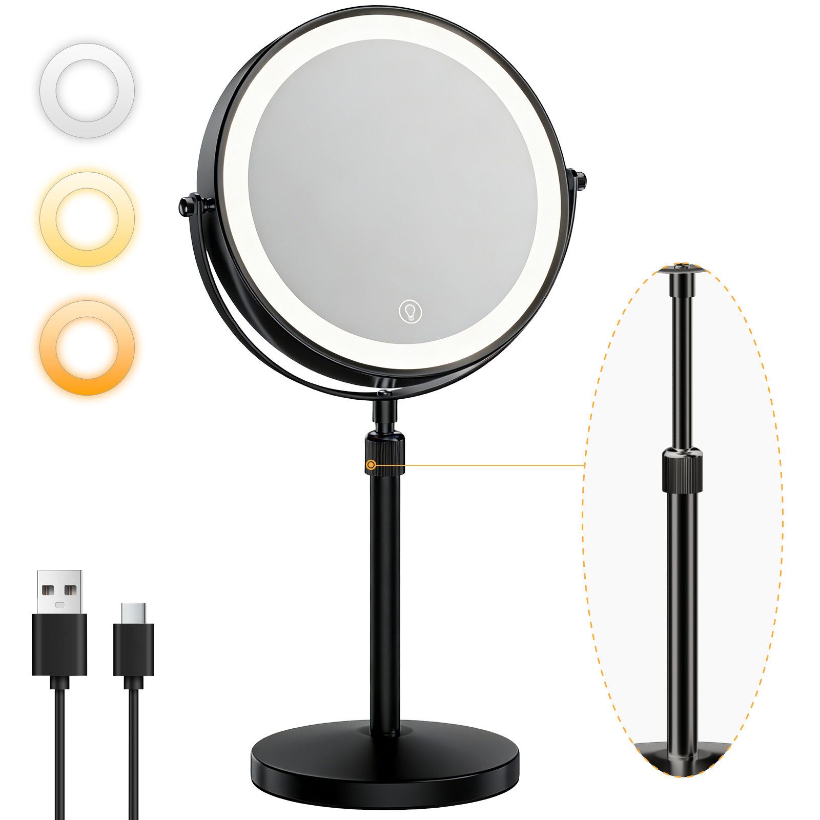 skelo Kosmetikspiegel Schminkspiegel mit Beleuchtung, 10-fach Vergrößerung, Höhenverstellbar (1-St., Kosmetikspiegel mit Standfuß, Standspiegel doppelseitig), 2000mAh, 10X Vergrößerung, Höhenverstellung 39-49 cm, 3 Farbtemperatur