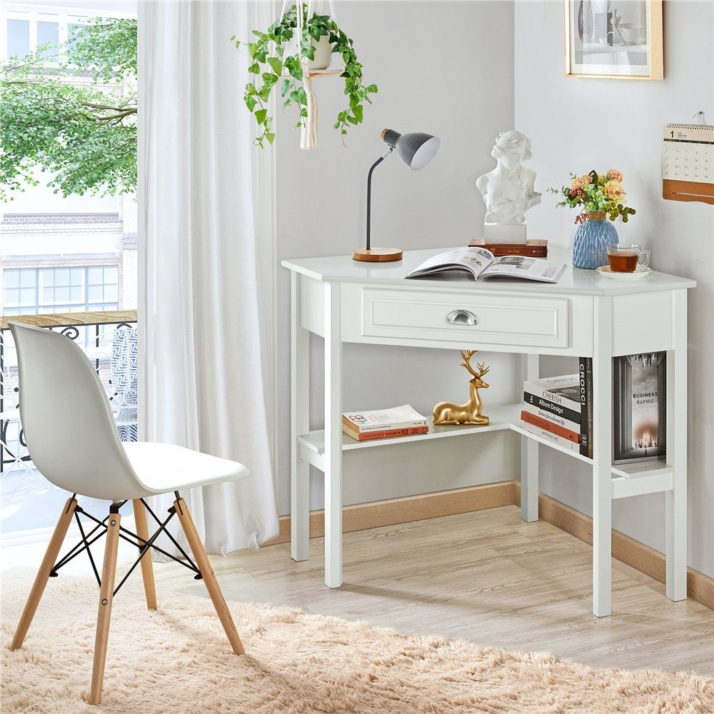 SoBuy® Eck-Schreibtisch Weiß, 76x76x76 Cm, Mit Schublade & Ablage – Platzsparend & Robust