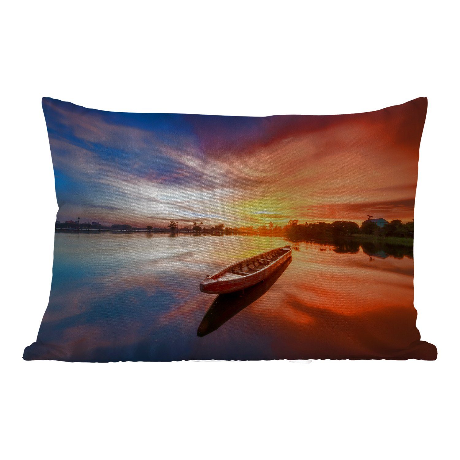 MuchoWow Dekokissen Boot - Wasser - Sonnenuntergang - Orange - Wasser, Outdoor-Dekorationskissen, Polyester, Dekokissenbezug, Kissenhülle