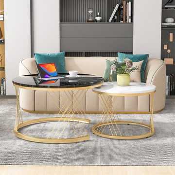 XDeer Wohnzimmertisch Moderne Nesting Couchtisch, Couchtisch Satz Marmor Furnier, Sofa Seite Nest von Tischen Runde Endtische, Satz von 2,Goldene