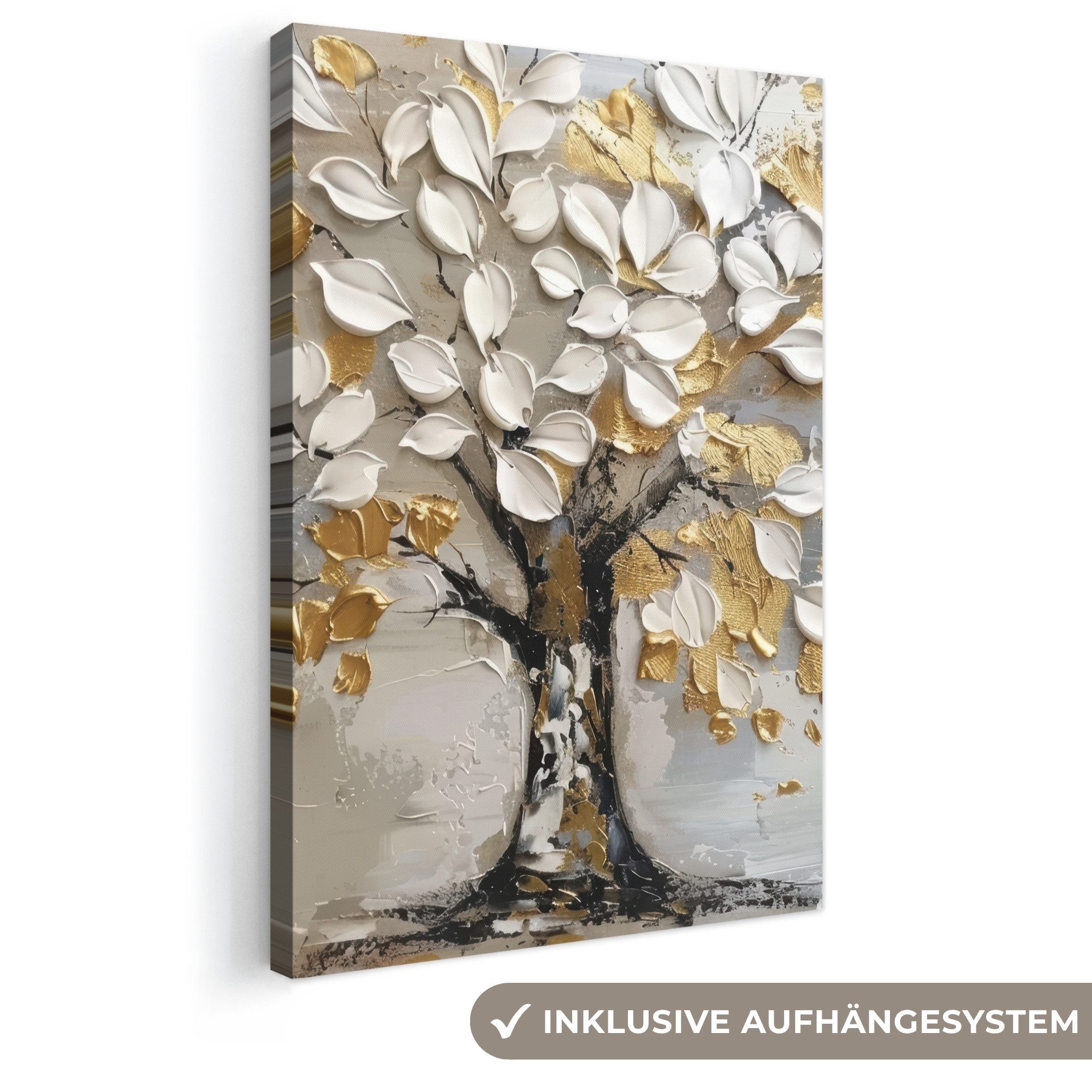 OneMillionCanvasses® Leinwandbild Baum - Beige - Grau - Gold - Abstrakt, Fotodruck (1 St), Leinwand Canvas Wandbild, Wanddekoration 20x30 cm