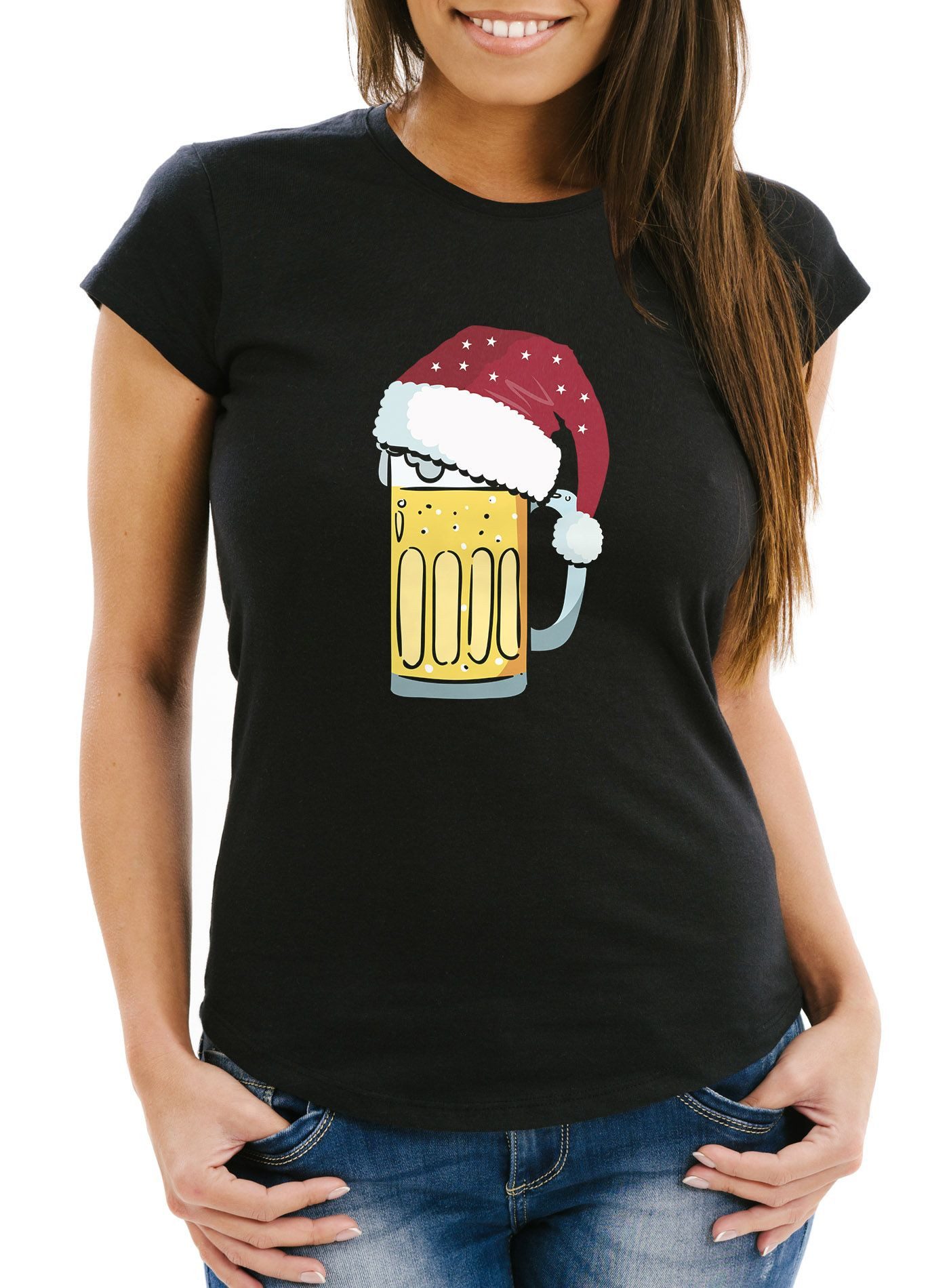MoonWorks Print-Shirt Damen T-Shirt Weihnachten lustig Bier Trinken Bierglas mit Print