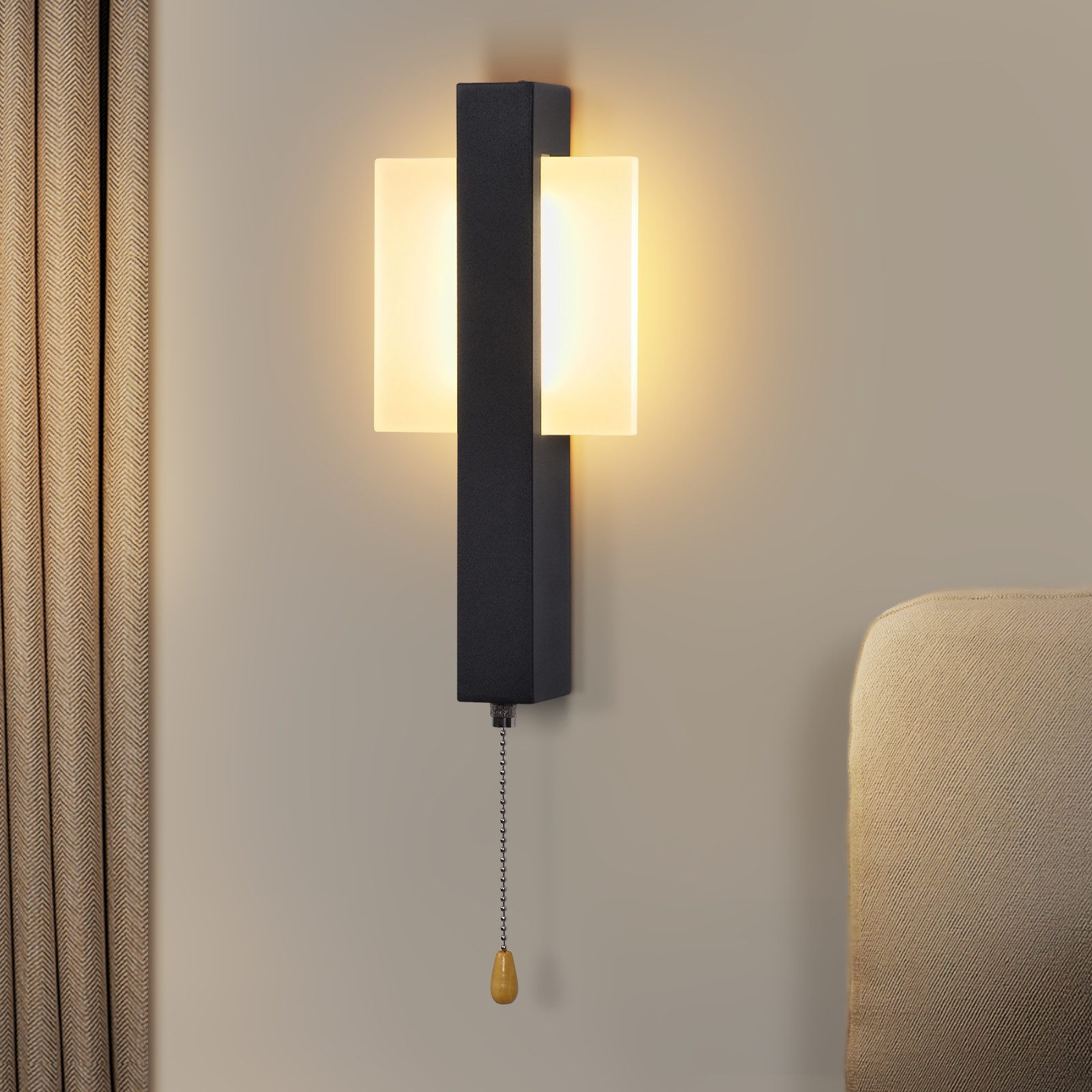 Nettlife LED Wandleuchte Innen Schwarz Modern Flurlempe mit Zugschalter 3000K 6W, LED fest integriert, Warmweiß, Wandlampe für Schlafzimmer, Wohnzimmer, Flur