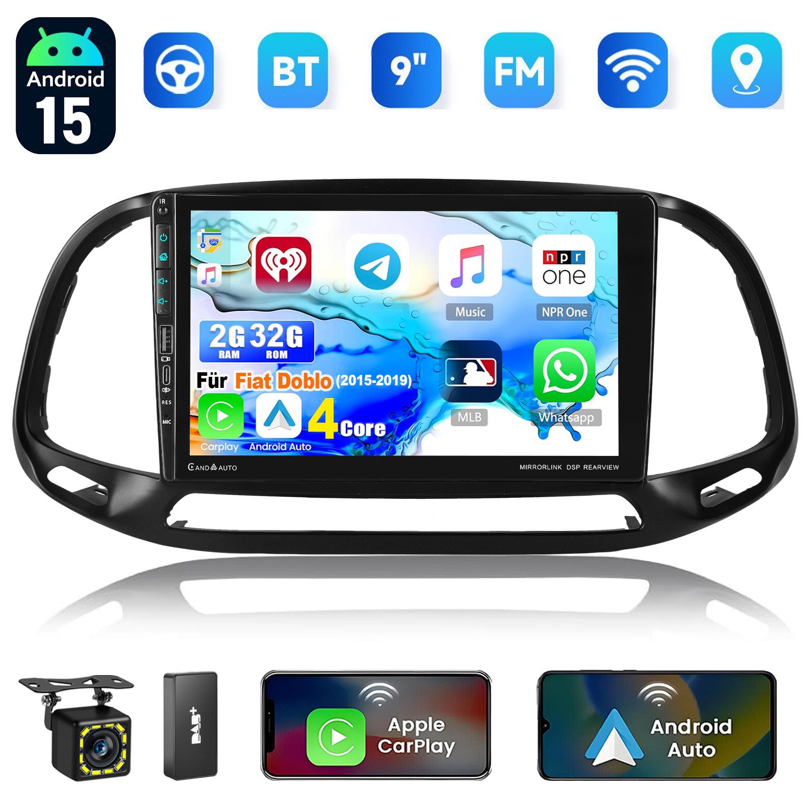 ESSGOO Autoradio Android 15 CarPlay Für Fiat Doblo (2015-2019) mit USB Type-C Autoradio (Digitalradio (DAB), DAB (optional), 4+64GB(optional), RDS, AM, FM, USB Type-C, Carplay Android Auto Bluetooth EQ USB GPS Navi WIFI Touchscreen)