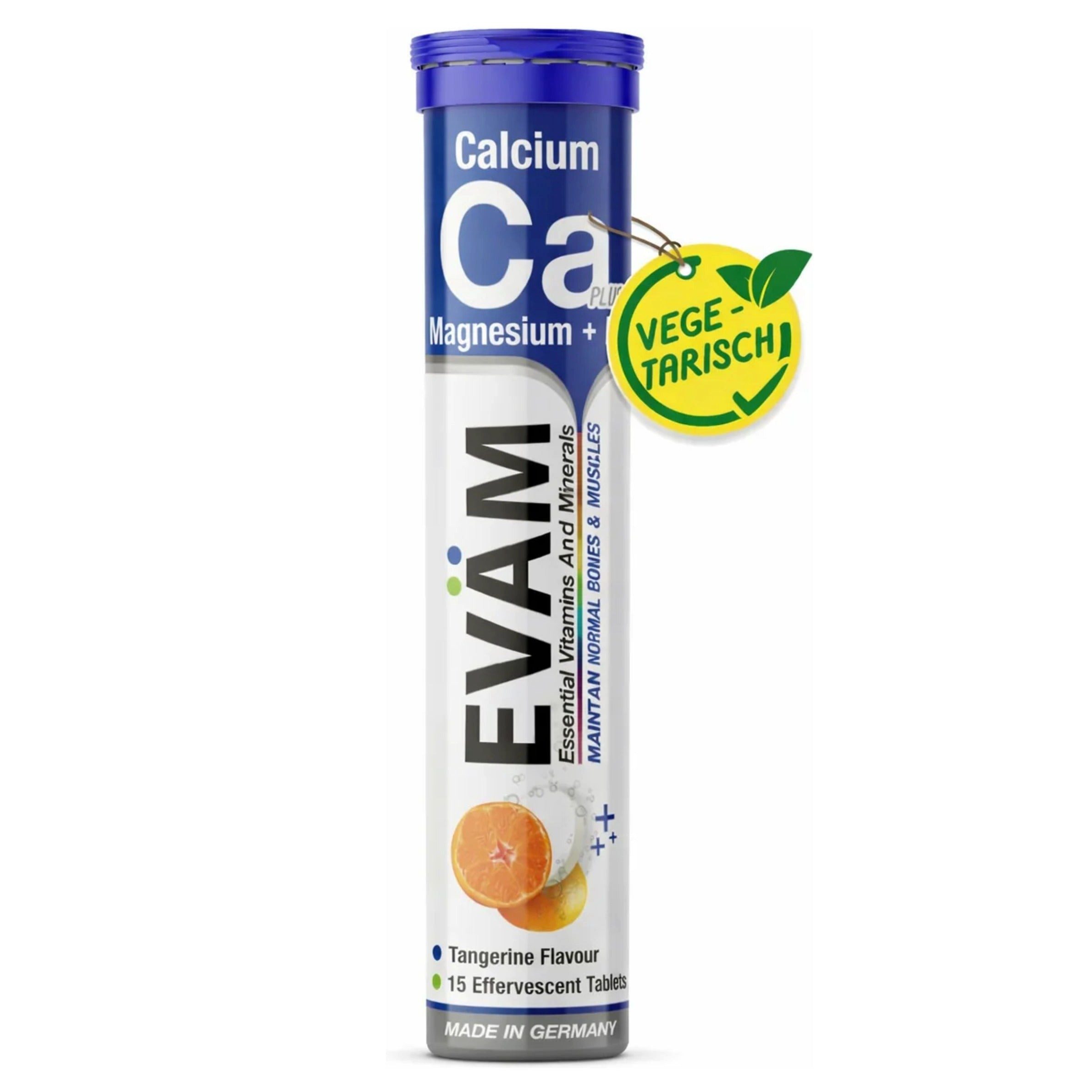 EVÄM Calcium + Magnesium + D3 Brausetabletten, Mandarine, vegetarisch Brausetabletten, 1 er 15 St., 90 g, Made in Germany