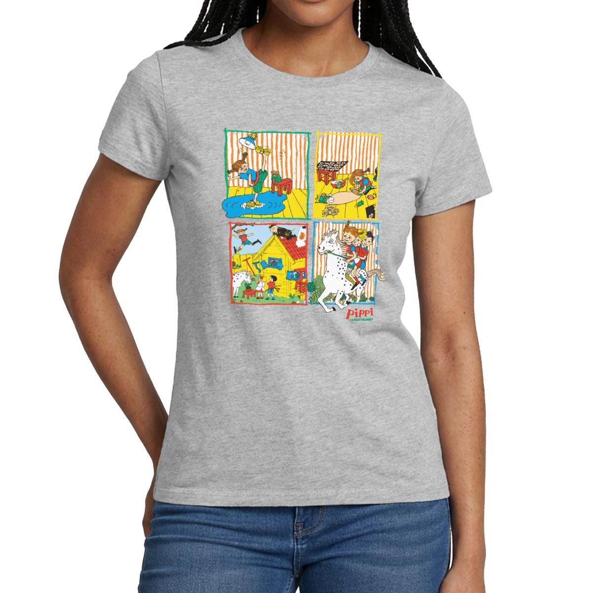Spreadshirt T-Shirt Pippi Langstrumpf Und Ihre Freunde Kacheln Frauen T-Shirt (1-tlg) Slim Fit, fällt klein aus